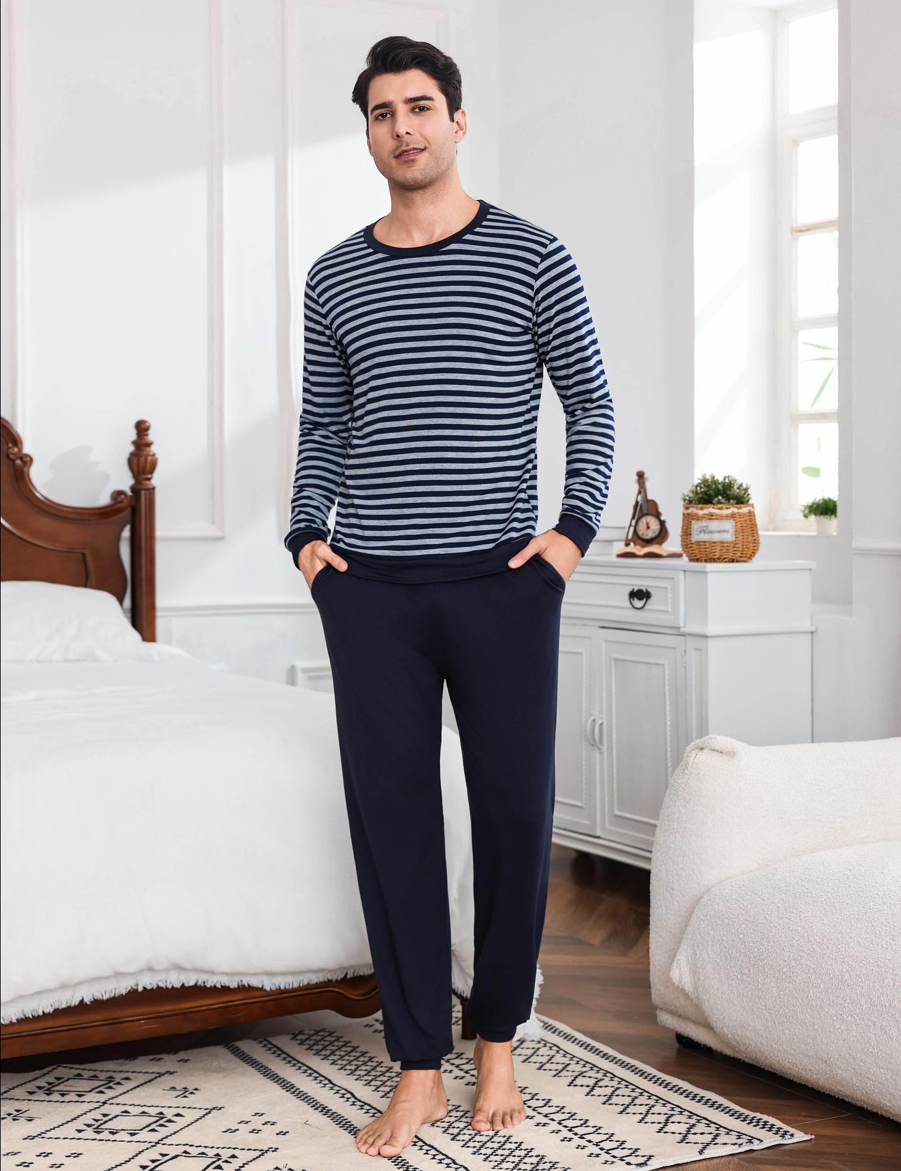 Bresdk Pigiama Uomo Lungo Cotone Pigiama Uomo Invernale Manica Lunga Pigiami Due Pezzi con Collo Rotondo e Strisce