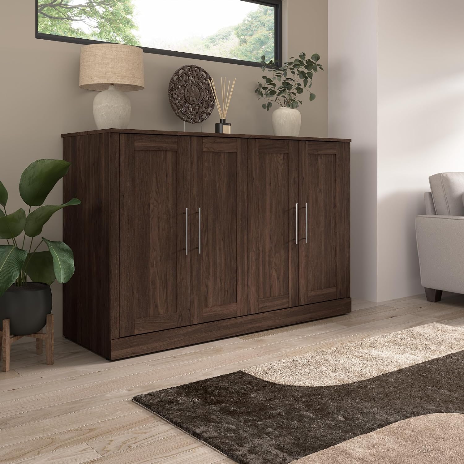 Bestar Pur 69W Full Size Murphy Cabinet Bed with Mattress in Black Walnut, 69-inch Space-Saving Sleeping Arrangement for Multipurpose Guest Room or Home Office