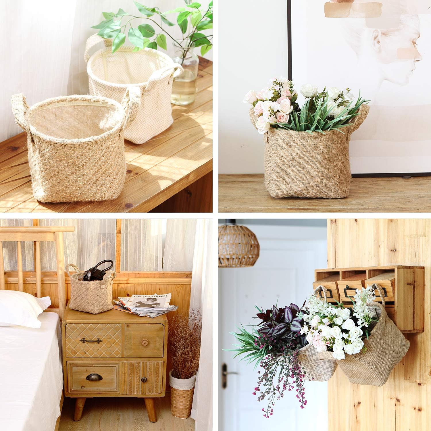 Sea Team Storage Baskets Organizer Box Bins in Jute and Cotton Linen Foldable with Handle Decorative for Home Toiletry Stationery Sundries Toys Jewelry 5.51 x 6.69 x 6.30 inches 2PCS