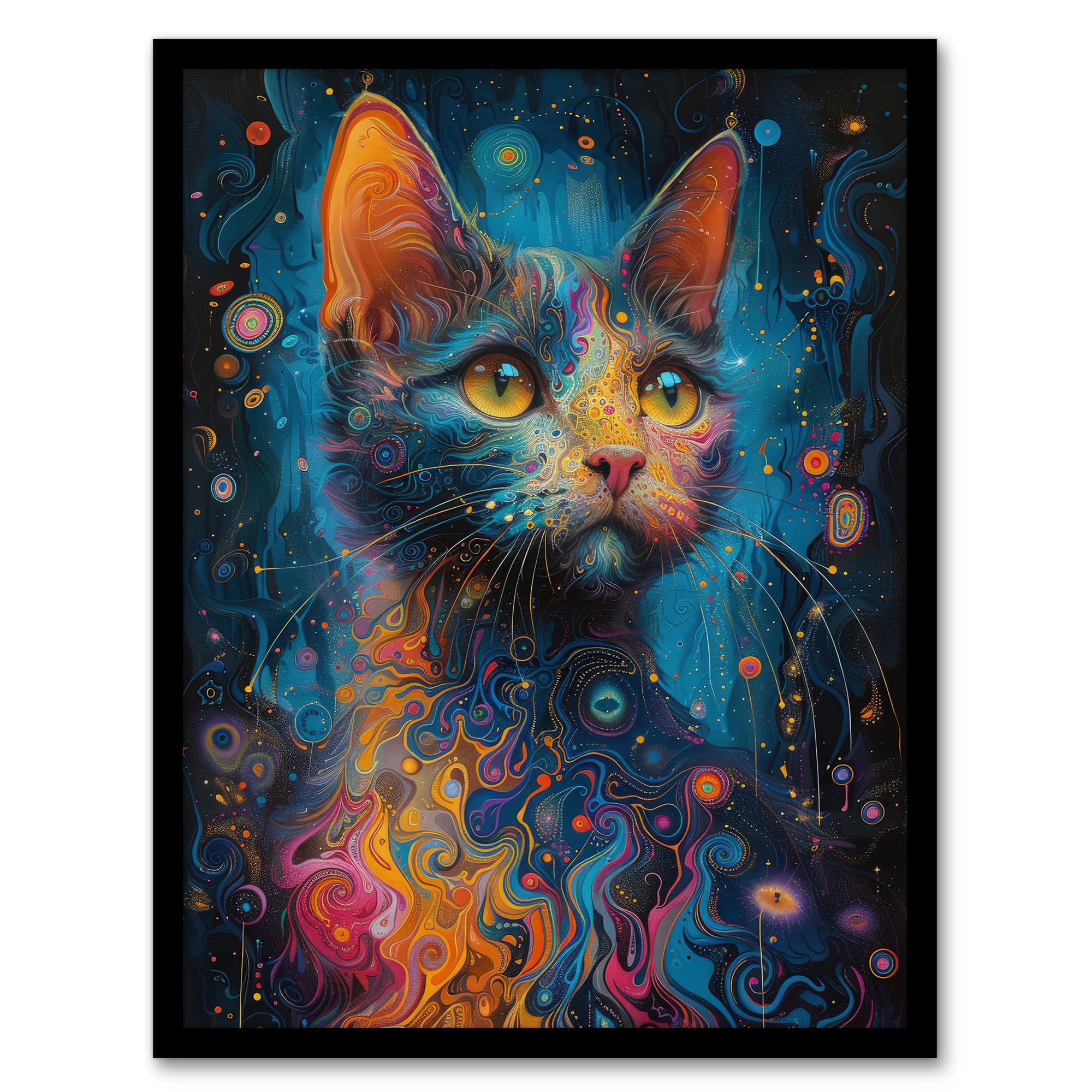 Artery8 Cat Lover Colourful Abstract Psychedelic Painting For Living Room Artwork Framed Wall Art Print A4