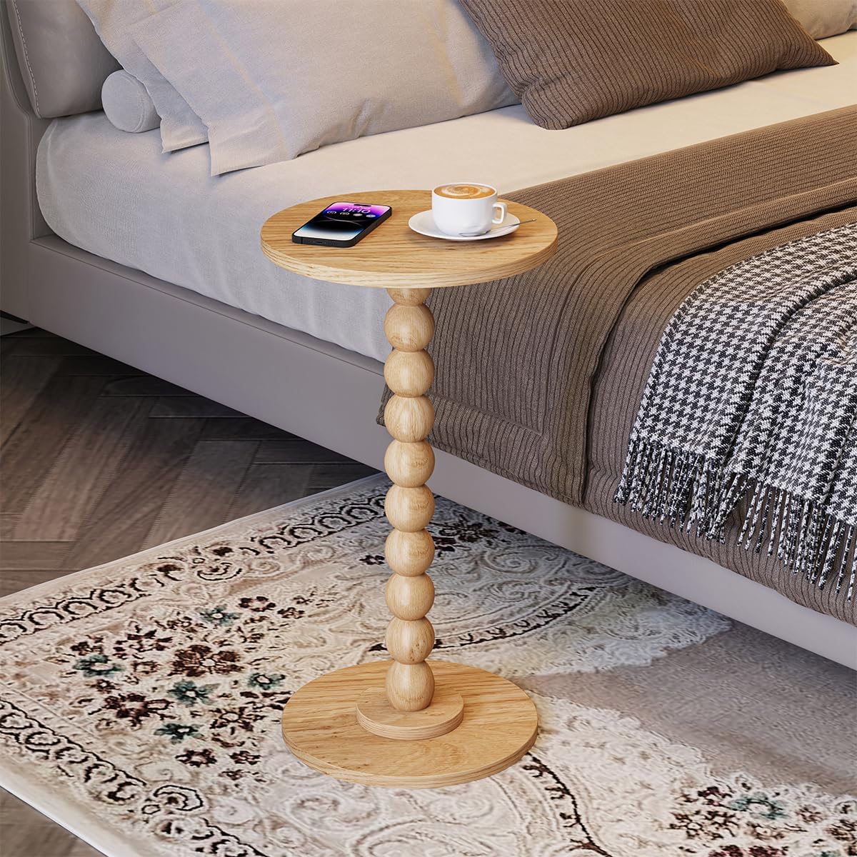 Small Round Side Table, Drink Table for Small Spaces, Pedestal End Table for Living Room, Modern Accent Nightstand with Solid Wood Leg for Bedroom, Corners and Office Natural Color UTBT005M