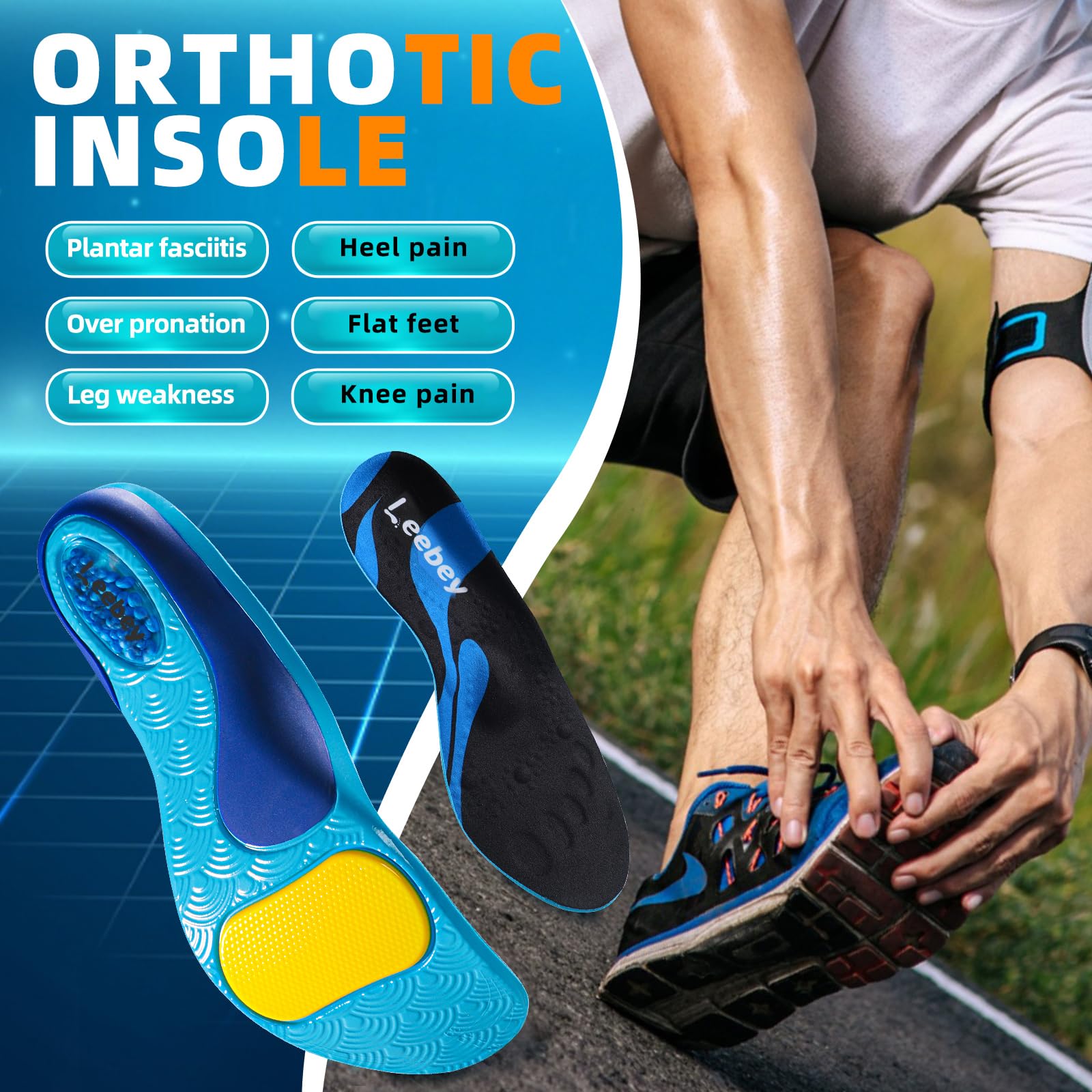 Orthopädische Einlegesohlen Herren Damen Weich Fußgewölbestütze Einlagen Komfort Arch Support Schuheinlagen für Plattfuß Plantar Fersensporn Fußschmerz Fasciitis Blau 43-44 EU