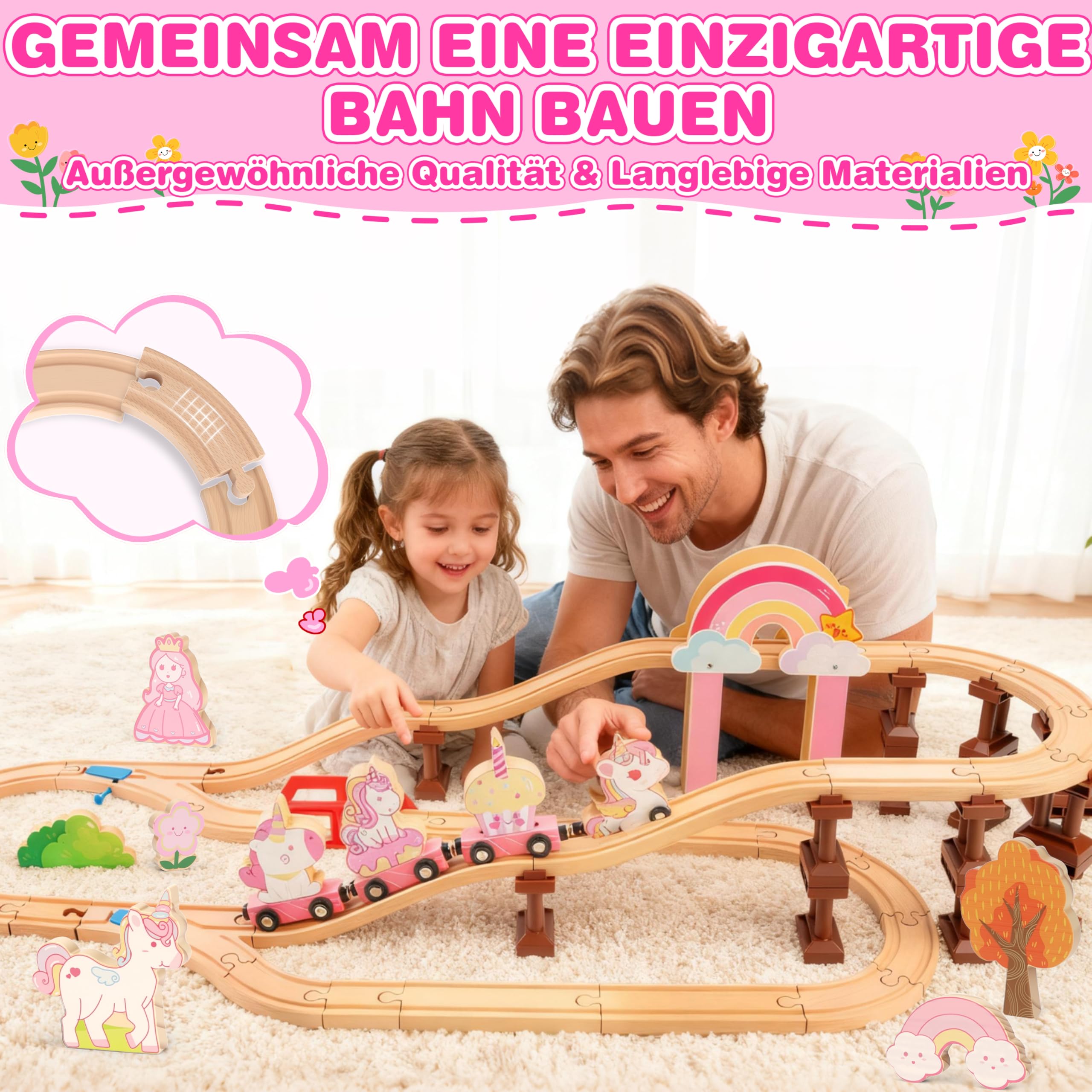 MOMOSTAR 74 Stück Rosa Thema Holzeisenbahn Set, Einhorn Geschenke für Mädchen 3-5 Jahre, Eisenbahn Kinder Magnetisch Zug Spielzeug Mädchen 3 4 5 Jahre，Einhorn Spielzeug Holzspielzeug Ab 3 Jahre