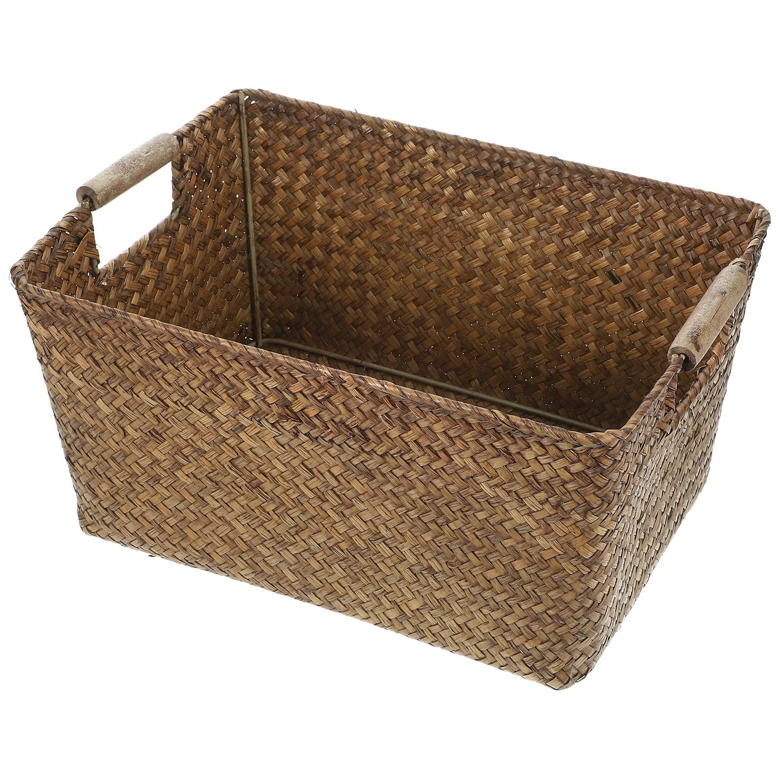 Cestino Rattan in Alga Marina e Legno, Rettangolare, Leggero, per Organizer Bagno e Casa, Cestino Portaoggetti Multiuso
