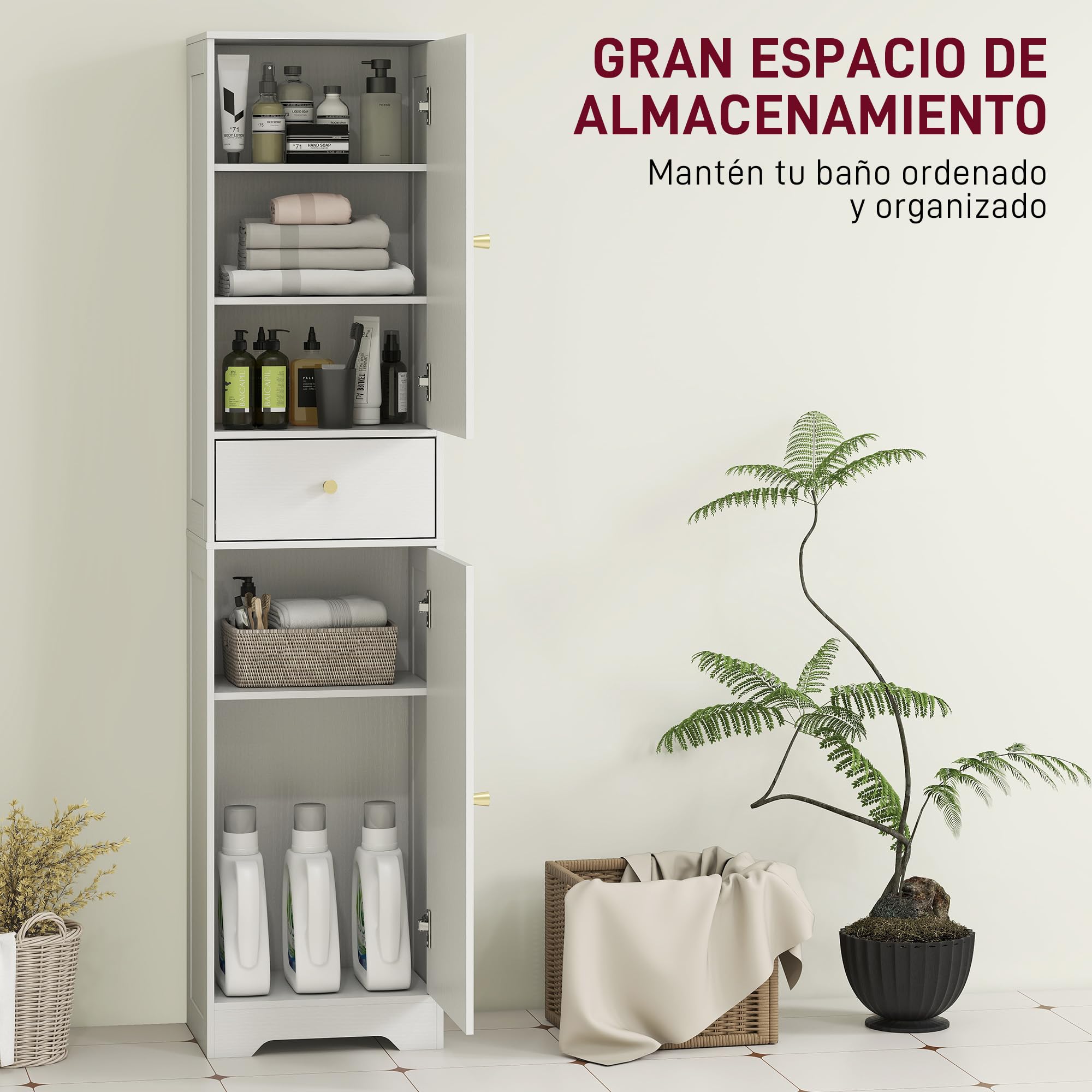 HOMCOM Armario Alto de Baño Estrecho Cajón 40x29,5x170 cm Blanco Veteado | 2 Puertas Arqueadas, Estantes Ajustables, Columna de Baño, Estilo Moderno, para Salón Aseo Cocina