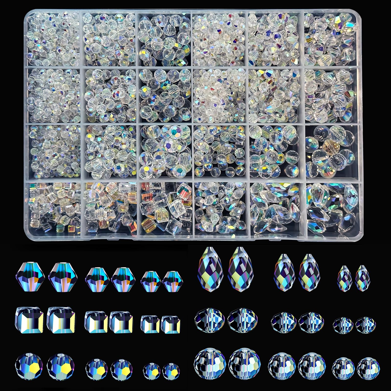 1720pcs Crystal Glass Beads for Jewelry Making, Assorted Clear Faceted Crystal Beads Suncatcher Beads for Bracelets Necklace Earring DIY Crafts, New