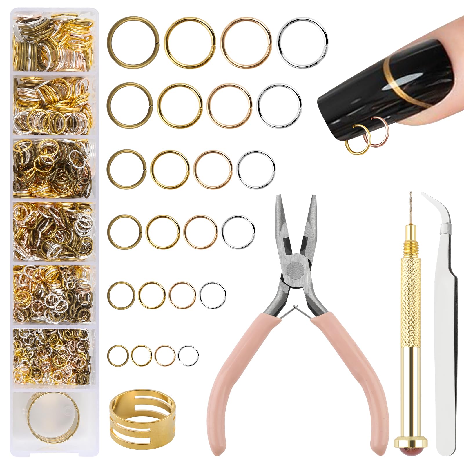 EBANKU 1014Pcs Nail Art Dangle Charms Piercing Tool Hand Drill, 6 tailles Open Jump Rings pour la fabrication de bijoux avec Jump Ring Opener, bagues de bijoux à ongles avec pinces et pinces(4 coule