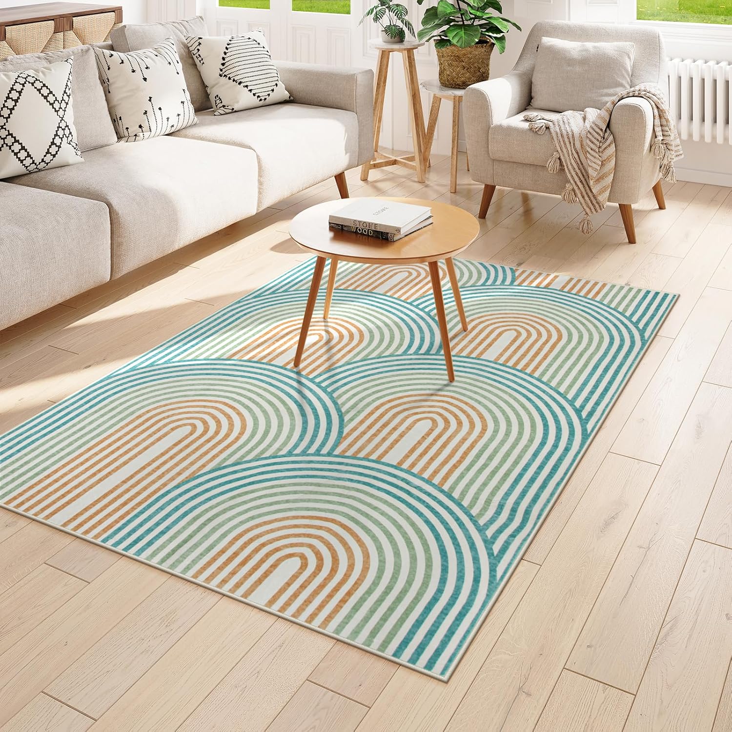 Moynesa Abstract Rainbow Washable 4x6 Rug, Ultra-Thin Soft Boho Area Rug for Playroom Bedroom Non Slip, Mid Century Modern Colored Orange Green Indoor Carpet for Living Room Office Kitchen