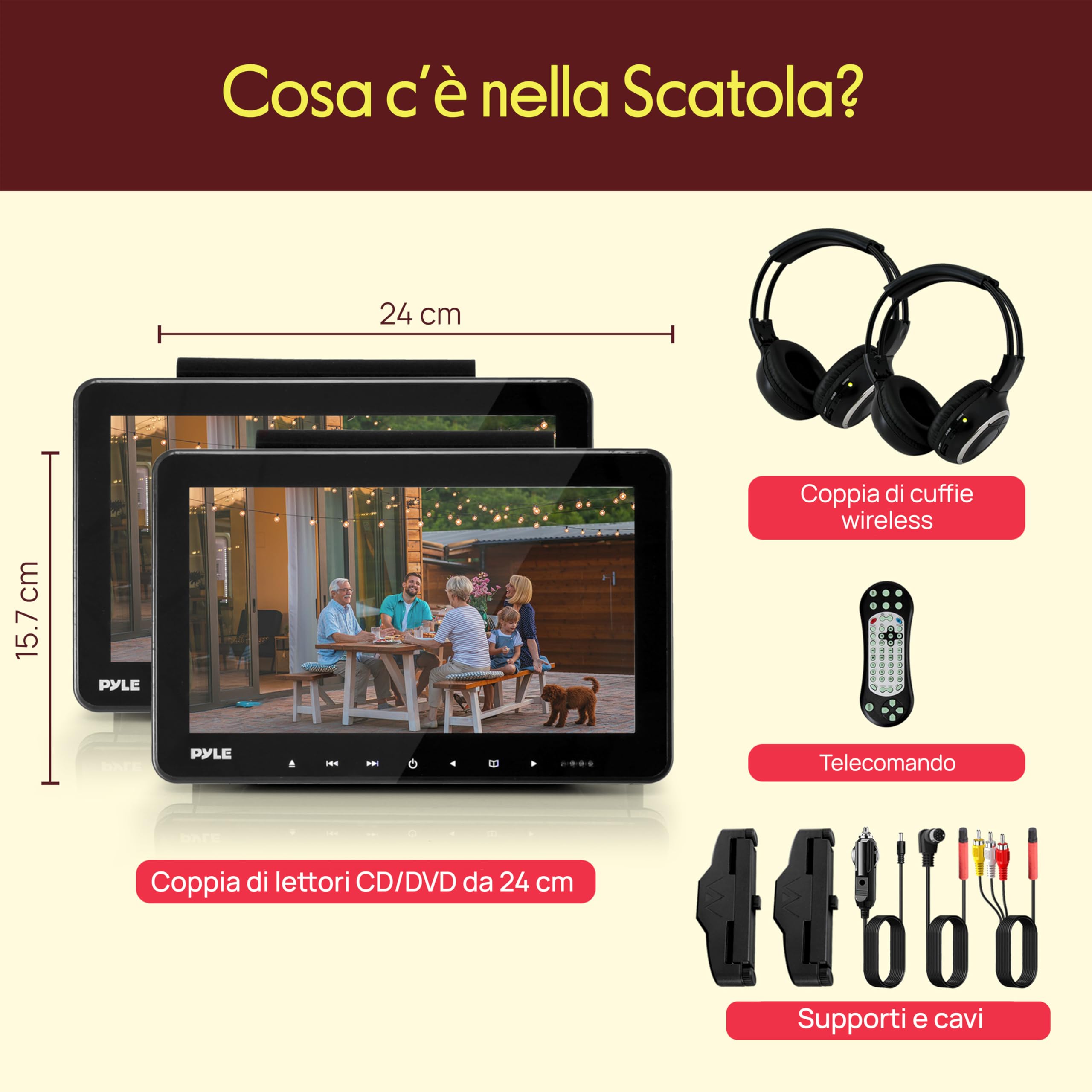 Pyle Schermo per Auto per Poggiatesta Auto 23,9 cm con Cuffie Wireless, Lettore Multimediale CD/DVD, HDMI, Schermo LCD Widescreen, Sistema Intrattenimento Audio/Video e Staffa di Montaggio