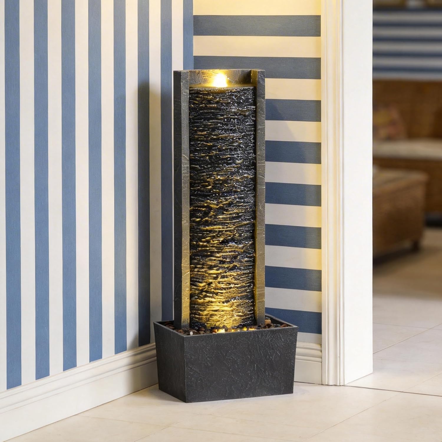 Outdoor Floor Standing Water Fountain with LED Lights, 36-Inch Modern Rectangular Cascading Waterfall Feature for Garden, Patio, Backyard, Deck & Home Decor, Durable Resin Stone-Look Finish