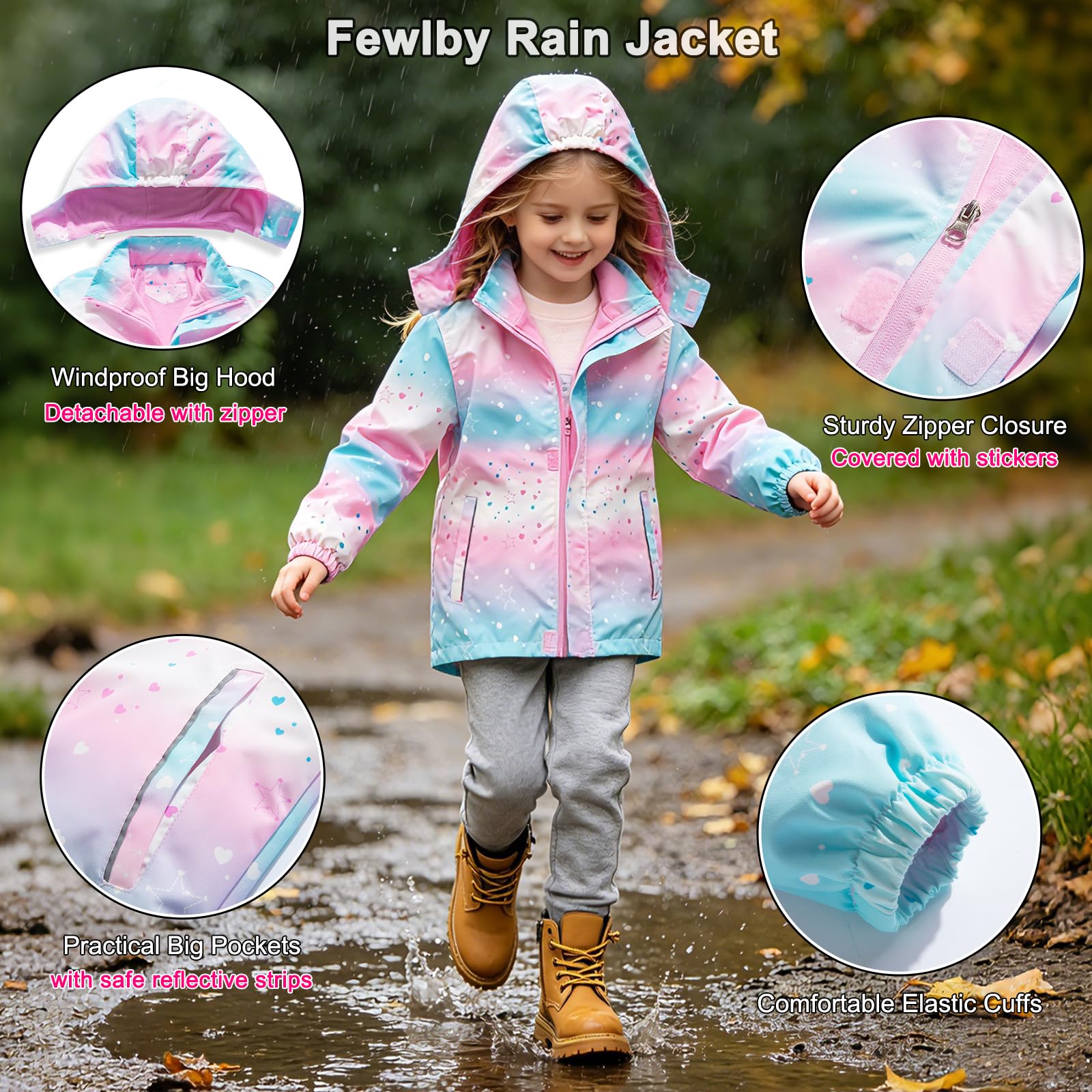 Fewlby Regenjacke Mädchen, Softshelljacke Kinder Regenmantel mit Kapuze Windbreaker Wasserdichte Jacke Leichte Übergangsjacke, 9-10 Jahre