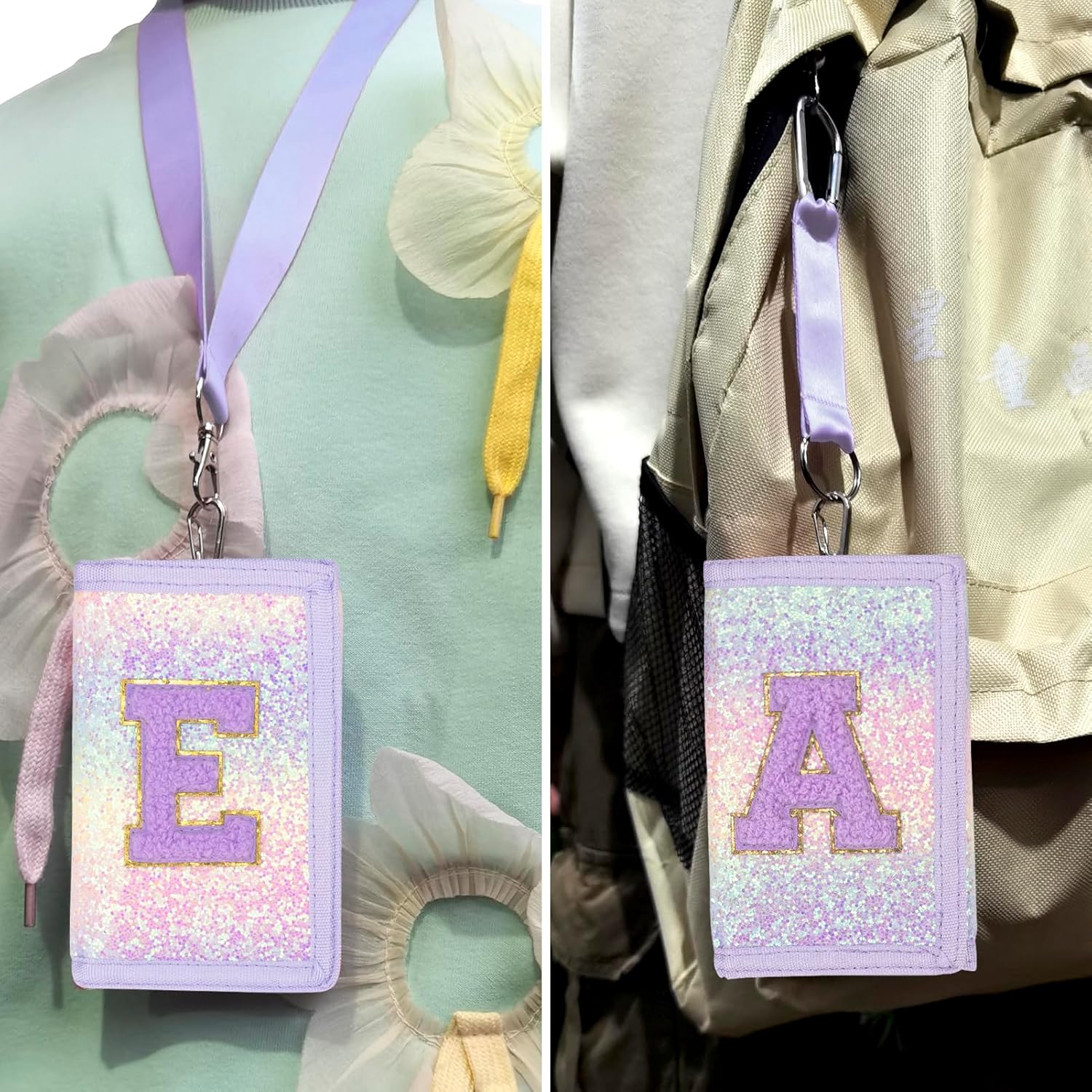 Girls Wallet for Kids Initial Glitter Wallets Trifold with Zipper and Card Slots Including Neck Lanyard and Hanging Strap, Pink Purple, K - Image 7