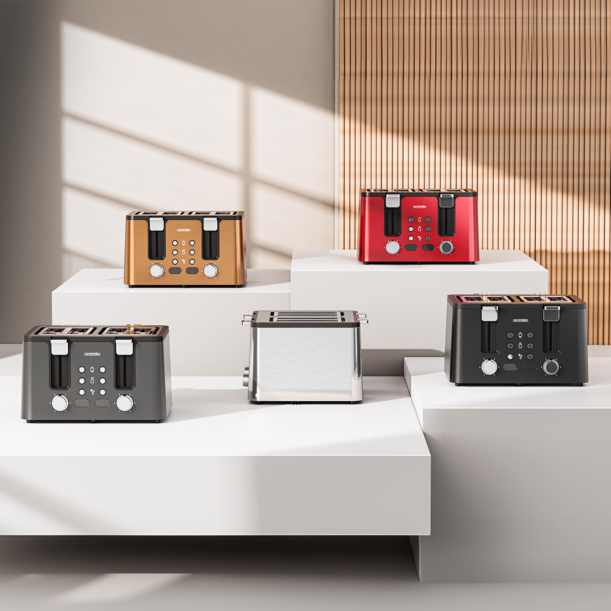 Arendo - Toaster 4 Scheiben Edelstahl - mit Brötchenaufsatz - 4 Schlitze - LED Anzeige Restzeitanzeige – Doppelwandgehäuse - Defrost Funktion - Krümelschublade - 6 Bräunungsgrade - Cool Grey Design