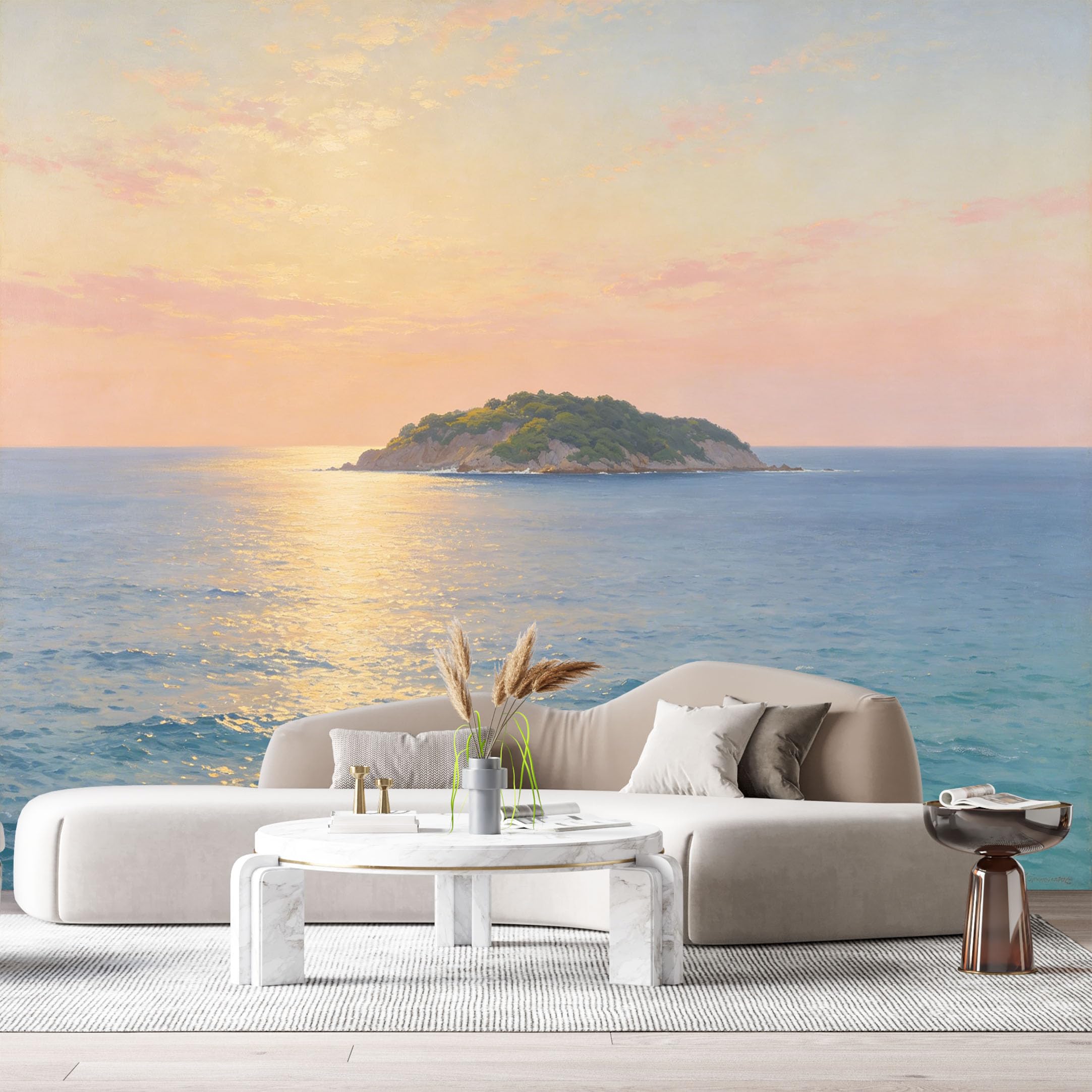 Custom Size Wall Murals Coastal Landscape Ocean Marine Oil Painting Sunset Island Seascape SelfAdhesive Wall Fabric Removable Large Wallpaper for Photo Living Room