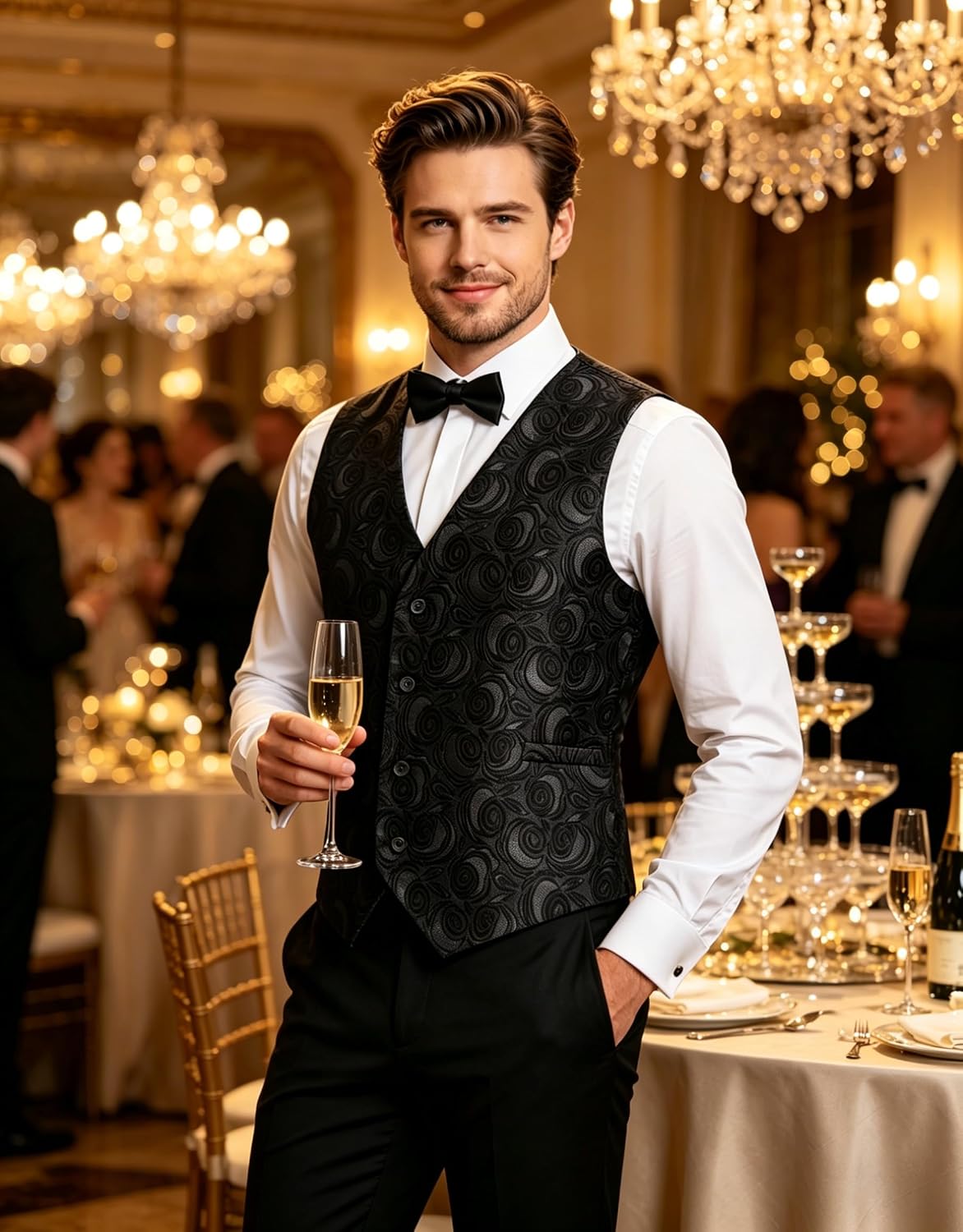 Men's Jacquard Floral Suit Vest, Black Rose Tuxedo Waistcoat, V Neck Formal Dress Vest for Groms Wedding Prom Party