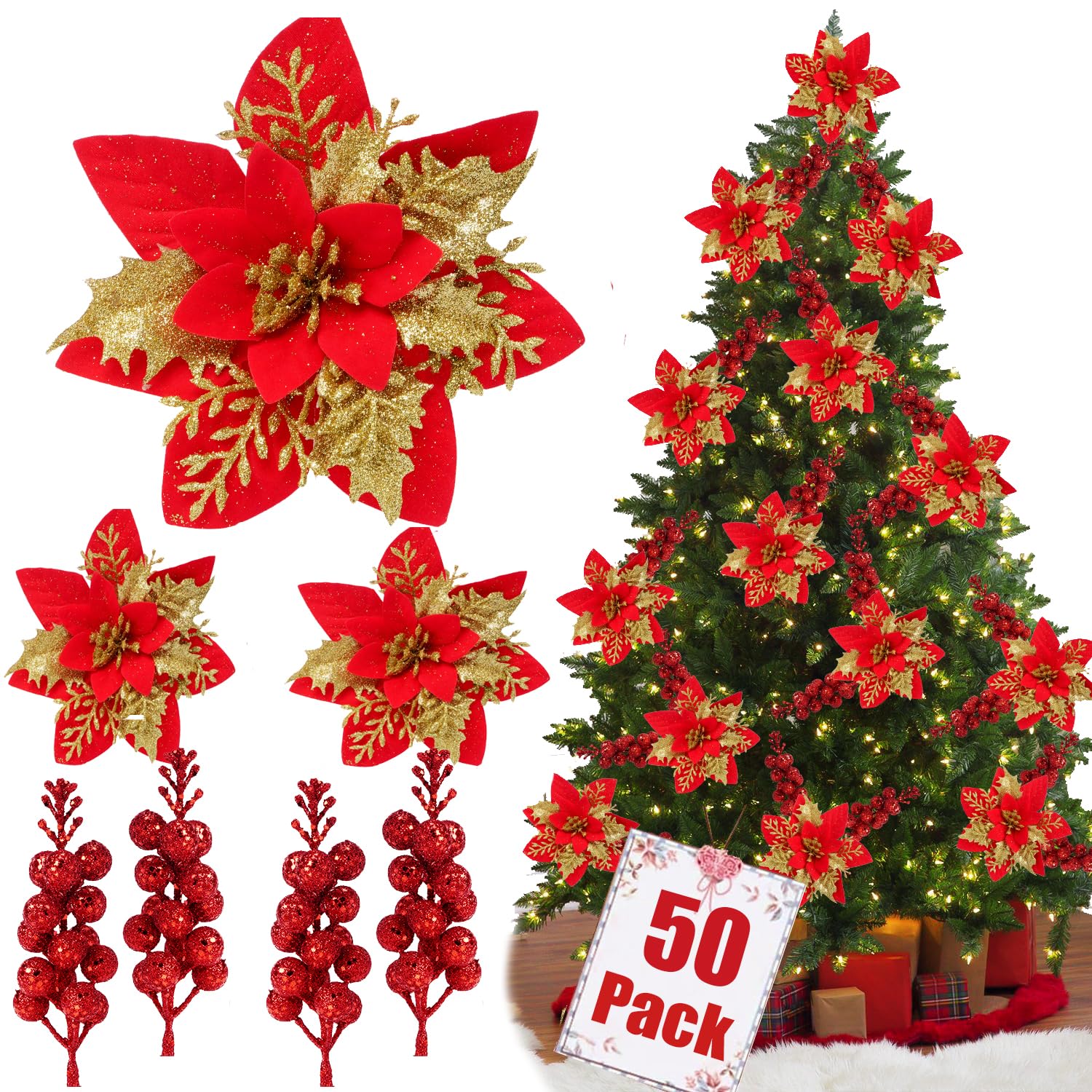 trytuny 50-Piece Glitter Poinsettia Clip Set
