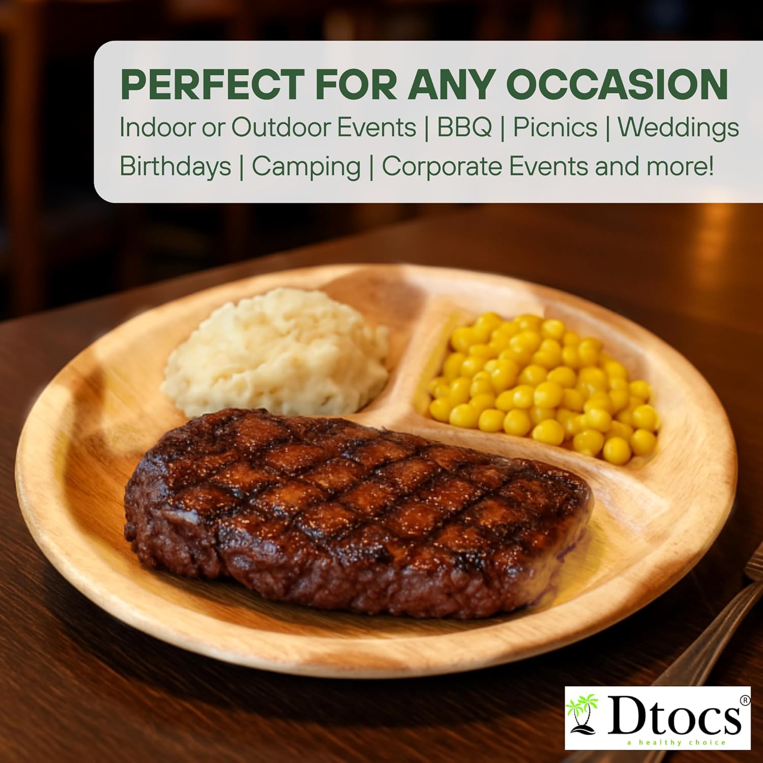 Dtocs 3 Compartment Plates (50 Pc) Palm Leaf 10 Inch Round Portion Control Buffet Sectional Plate | Bamboo Plates Disposable Like Compostable Camping Dinnerware Stronger than Divided Paper, Styrofoam