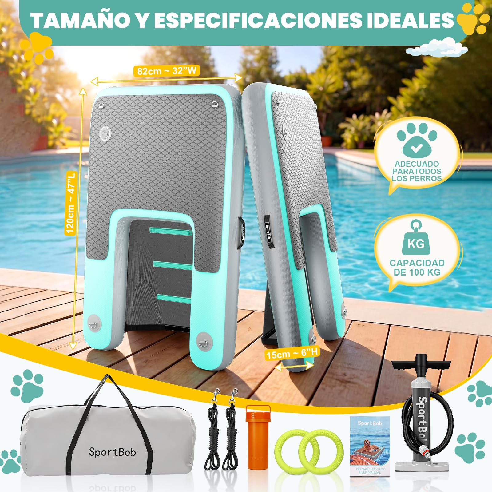 120 x 82 cm Rampa de Agua Hinchable para Perros, Resistente a los Desgarros y Duradera, Rampa Hinchable para Perros de hasta 100kg, Ideal para el Verano, Piscinas, Barcos, Muelles y Lagos