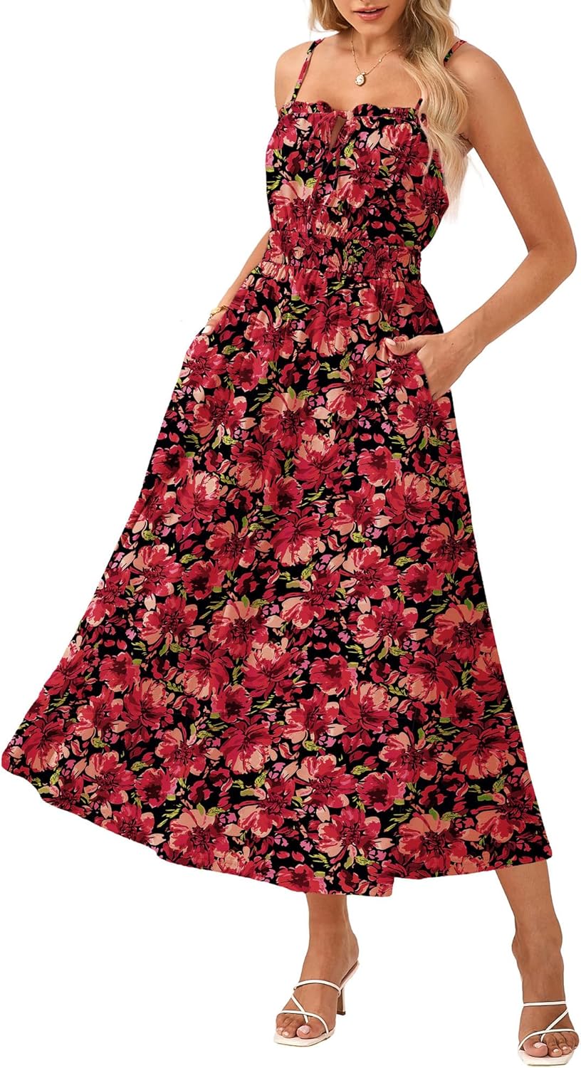 GRACE KARIN Womens Summer Clothes 2026 Boho Floral Maxi Long Dresses Spaghetti Straps Casual Beach Sundress with Pockets