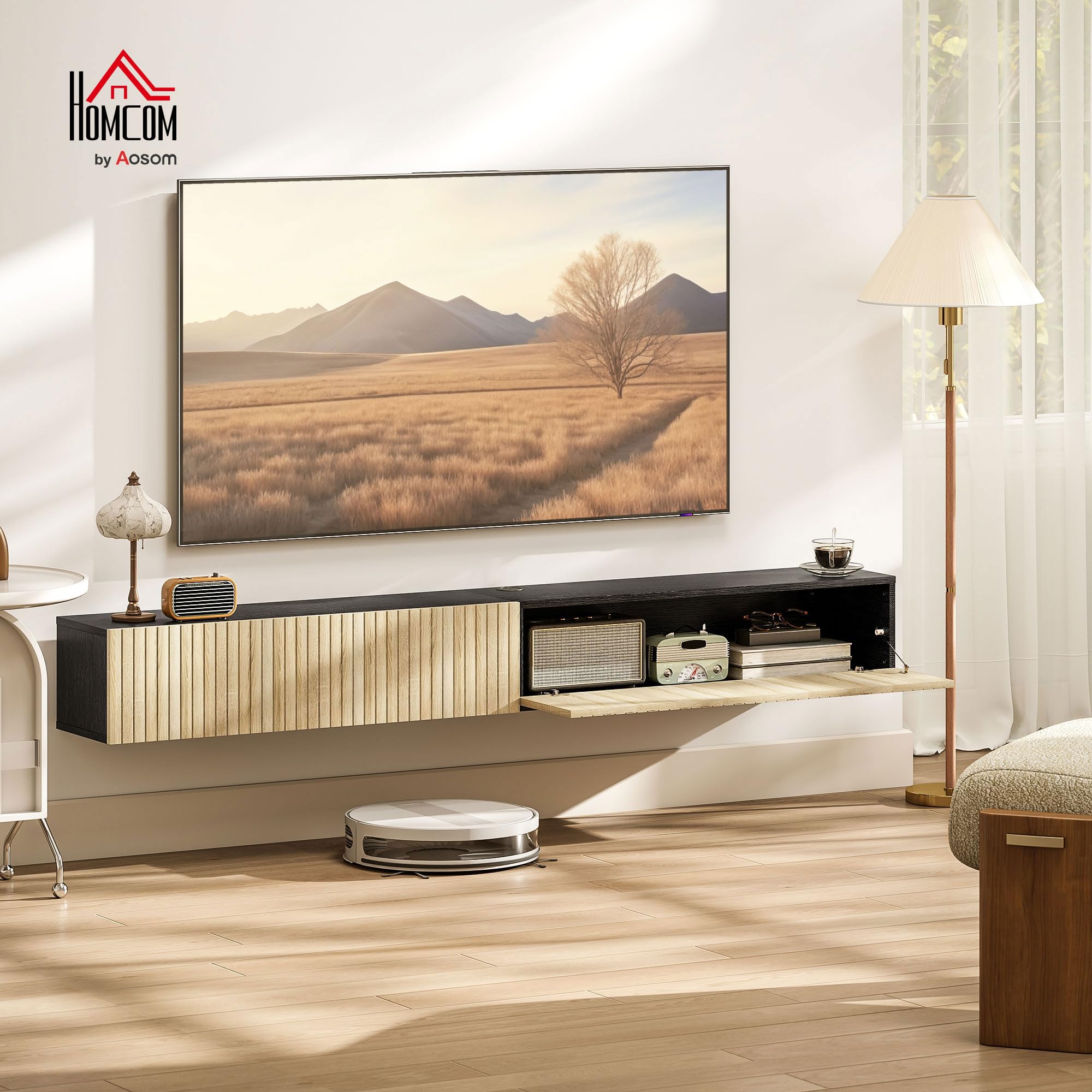 HOMCOM Meuble TV Suspendu Flottant 140 cm, Meuble télé pour téléviseur jusqu'à 72 Pouces avec 2 Portes cannelées rabattables, Banc TV Mural pour Salon, Chambre à Coucher, Bois Naturel et Noir