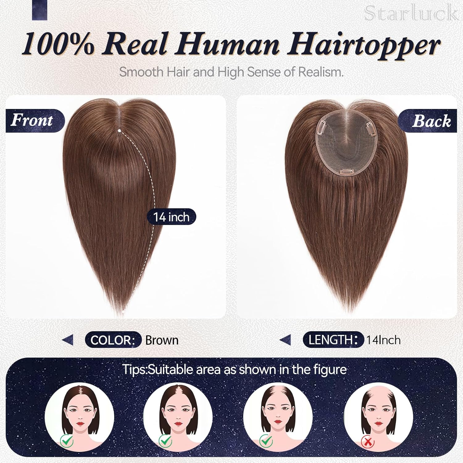 starluck Real Human Hair Toppers 6"x5" SilkHug & Swiss Base (60g) Brown with Thinning Hair Topper no Bangs-14 Inch