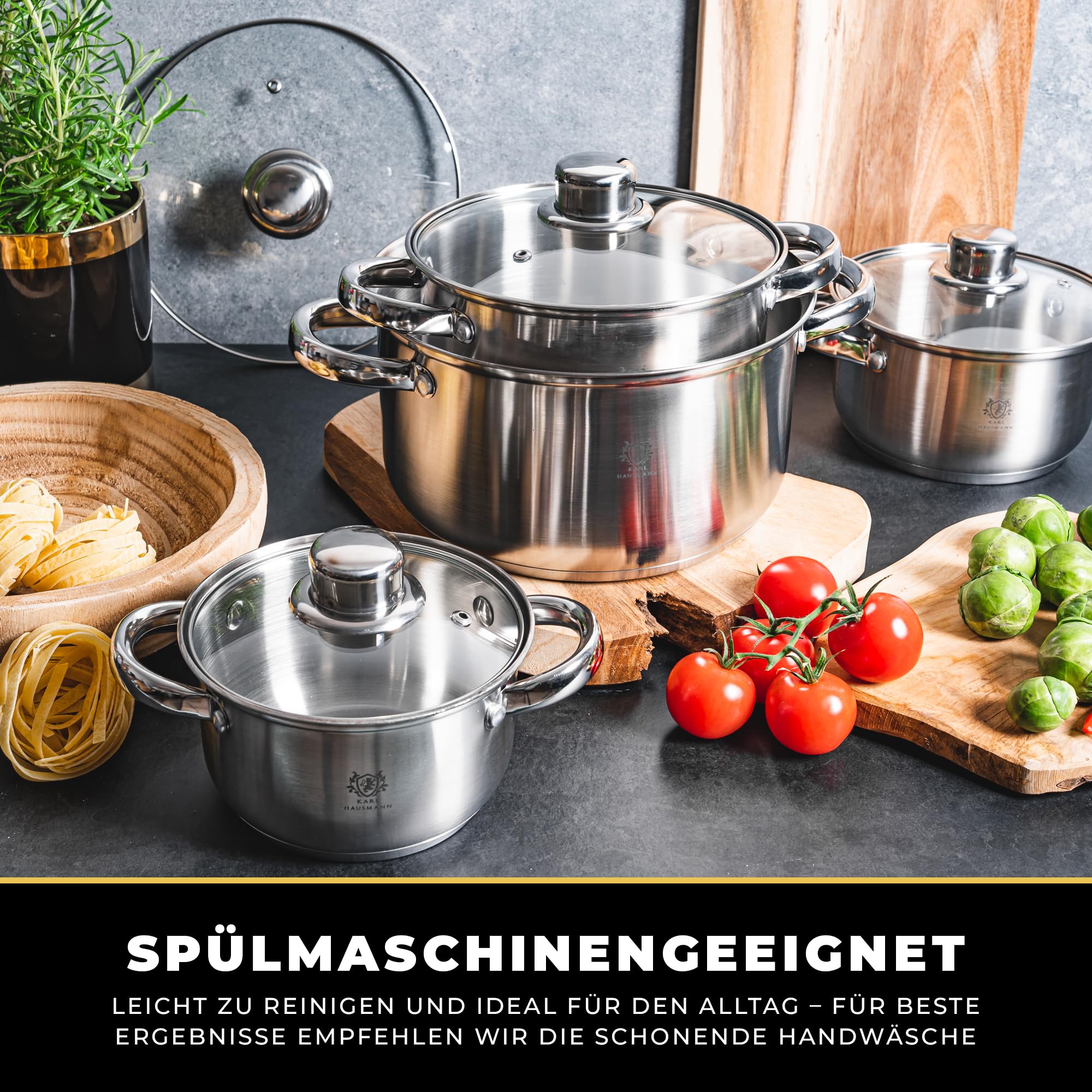 KARL HAUSMANN Topfset Induktion Edelstahl 4-Teilig - Kochtöpfe für Alle Herdarten - Kochtopf Set mit Glasdeckel - Töpfe mit Messskala - Topf Set - Kochtopfset - Topfsets - Pots - Induktionstöpfe