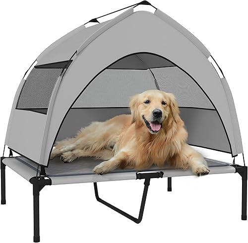 PawHut Cama elevada para perros con almohadilla de enfriamiento, cama elevada para mascotas al aire libre con toldo extraíble, malla transpirable,