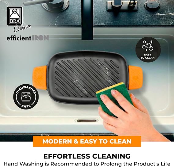 BRA COOKWARE Efficient Iron Rectangular Ribbed Grill | 13 inches x 8.7 inches Cast Iron Rectangular Griddle | All Heat Sources Compatible | PFOA Free | W/o Non-Stick | Silicon Handle | Non Deformable