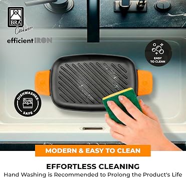 BRA COOKWARE Efficient Iron Rectangular Ribbed Grill | 13 inches x 8.7 inches Cast Iron Rectangular Griddle | All Heat Sources Compatible | PFOA Free | W/o Non-Stick | Silicon Handle | Non Deformable