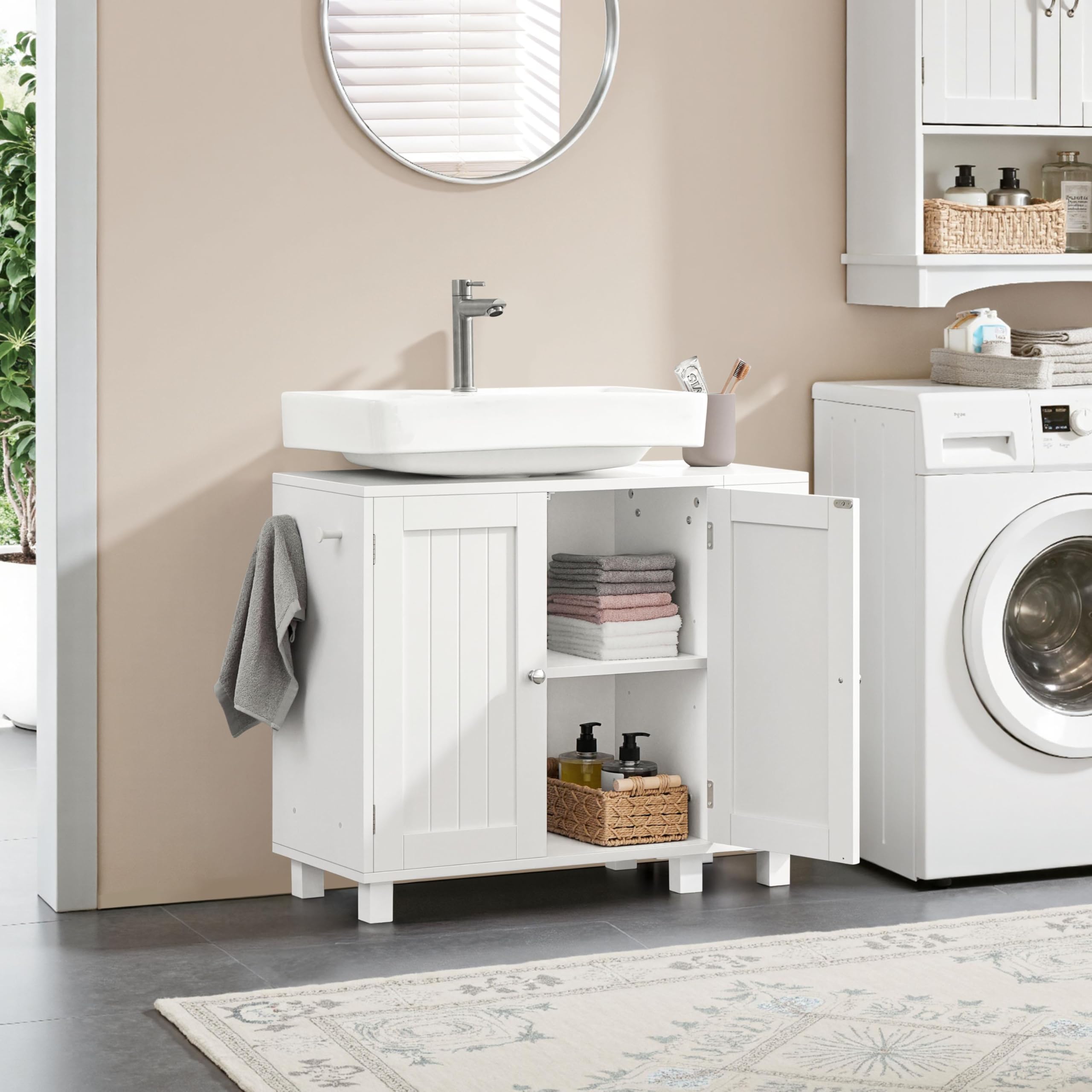 Yaheetech Mueble Bajo Lavabo, Armario de Baño, Apto para Lavabos con Pedestal, con Armario de Dos Puertas Estantes Ajustables Armario de Baño con Almacenamiento Lateral Abierto Ganchos, Blanco