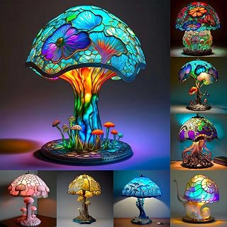Mmoneyake Painting Mushroom Table Lamp, 5.9 Inch Hight Stained Plant Series Night Light, Bohemian Resin Mushroom Decorative Bedside Lamp for Bedroom Living Room Home Office Decor Gift