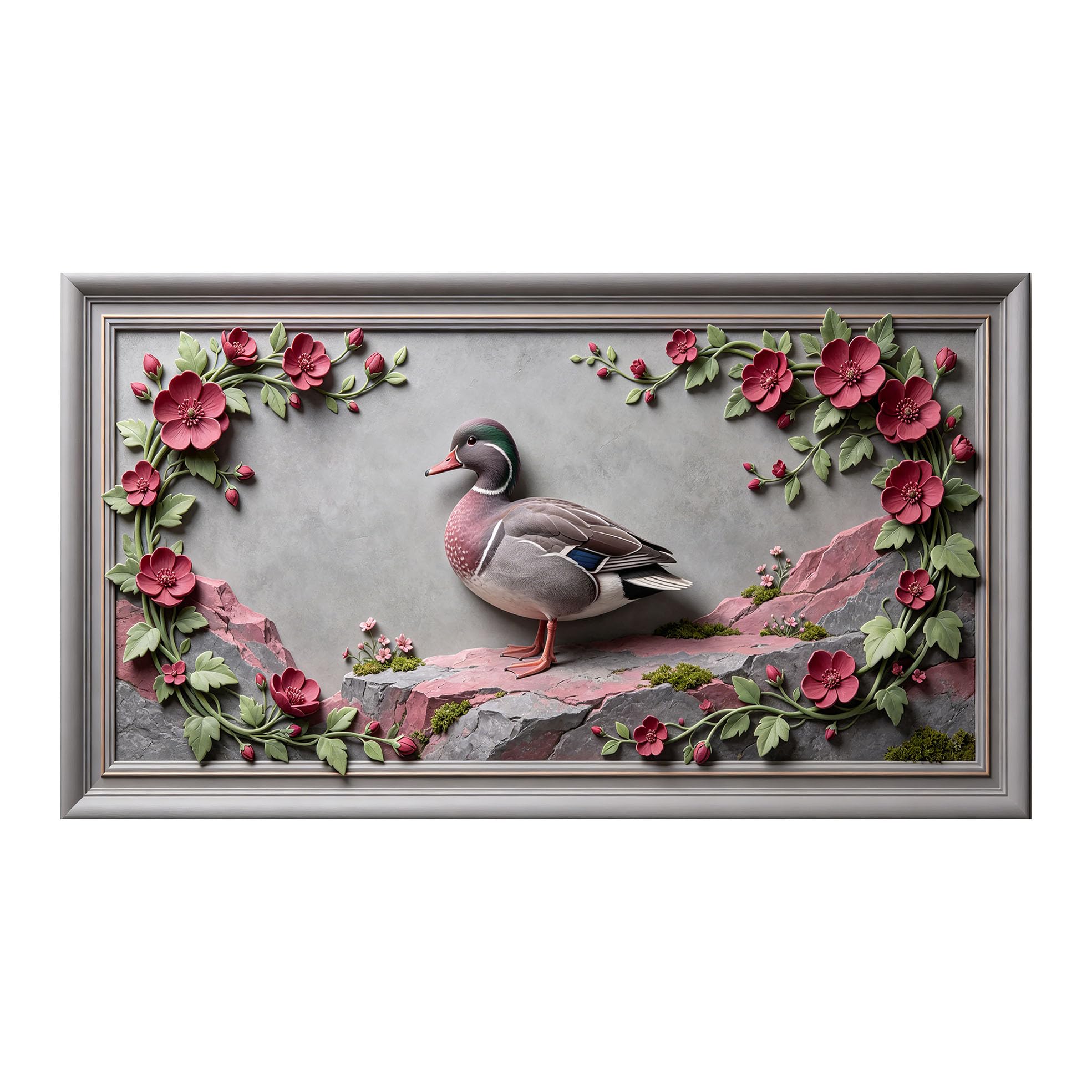 Yzpallescene 3D 3D Framed Wall Art 50cm×90cm Floral Duck Botanical Relief Effect Large Size SelfAdhesive Removable Wall Decor Prints Artwork for Living Room Bedroom Office