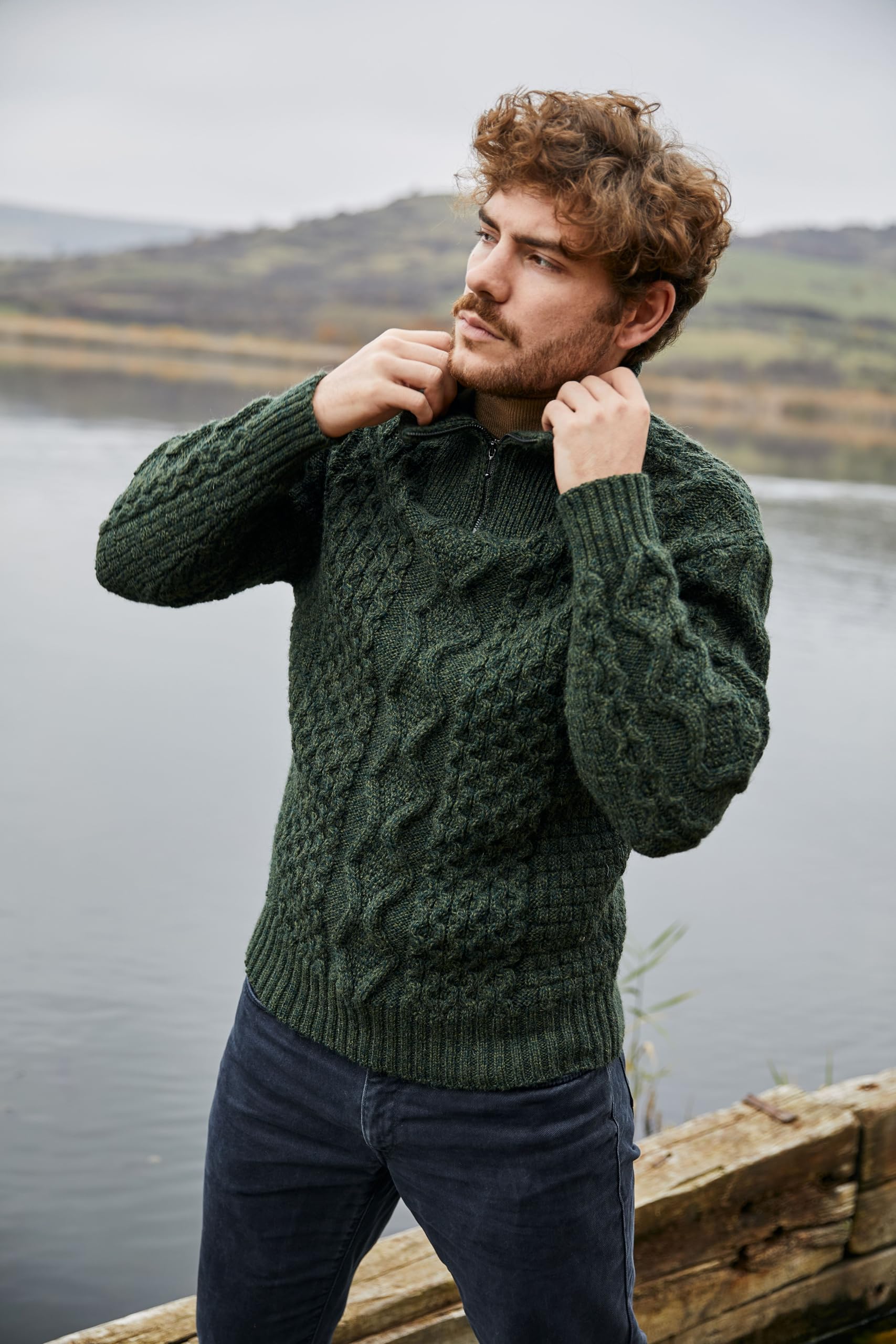 SAOL Aran - Maglione da uomo in lana con collo a zip, per pescatori irlandesi, prodotto in Irlanda