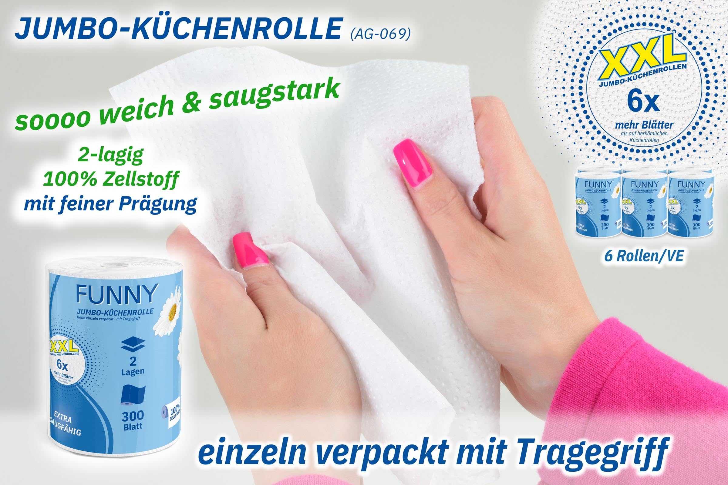 Funny Jumbo-Küchenrolle XXL 6 Rollen | 2-lagig, 100% Saugstarker Zellstoff, 300 Blatt pro Rolle | Vorteilspack mit Tragegriff, 22,4 x 21 cm | Ideal für Küche, Bad & Haushalt