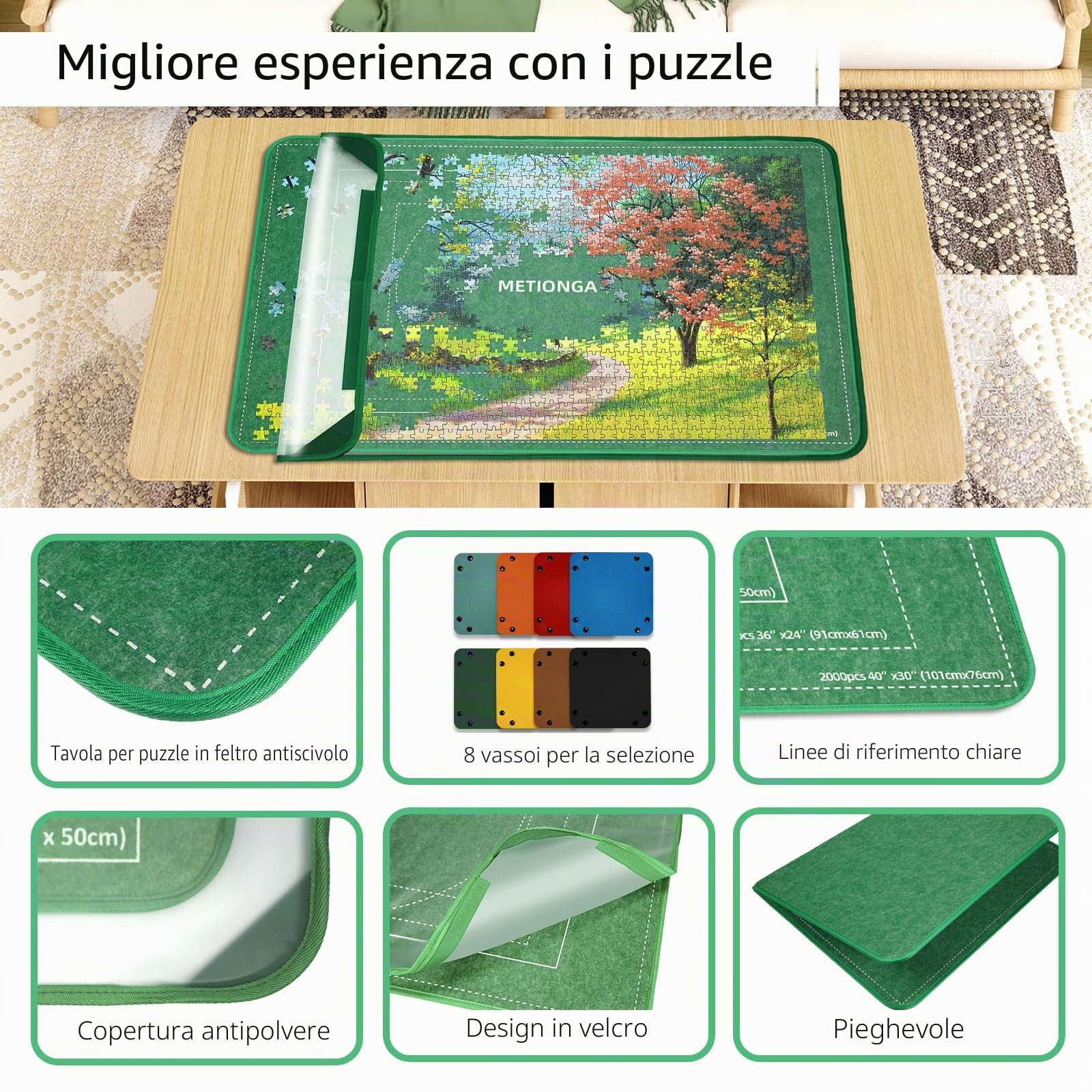 Tappetino pieghevole in feltro per un massimo di 2000 pezzi di puzzle, Tavola puzzle con 8 vassoi di ordinamento e copertura in feltro, Tappetino puzzle pieghevole