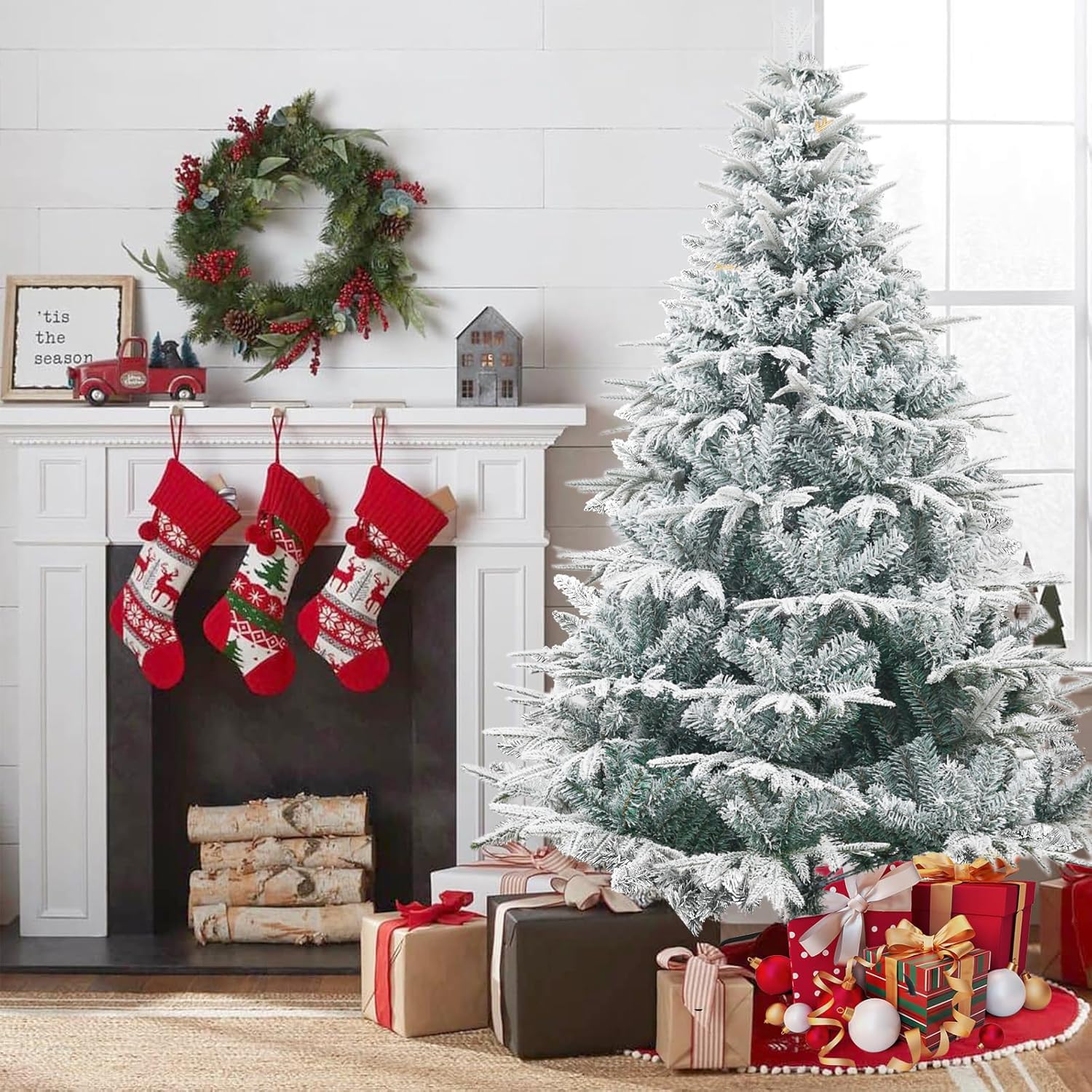 7FT árbol de Navidad Artificial Nieve Apilado árbol de Pino, 1080 Puntas de Rama Bisagra PVC/PE Materiales Combinados árbol de Navidad con Base de Metal, Interior Exterior Décor de Vacaciones