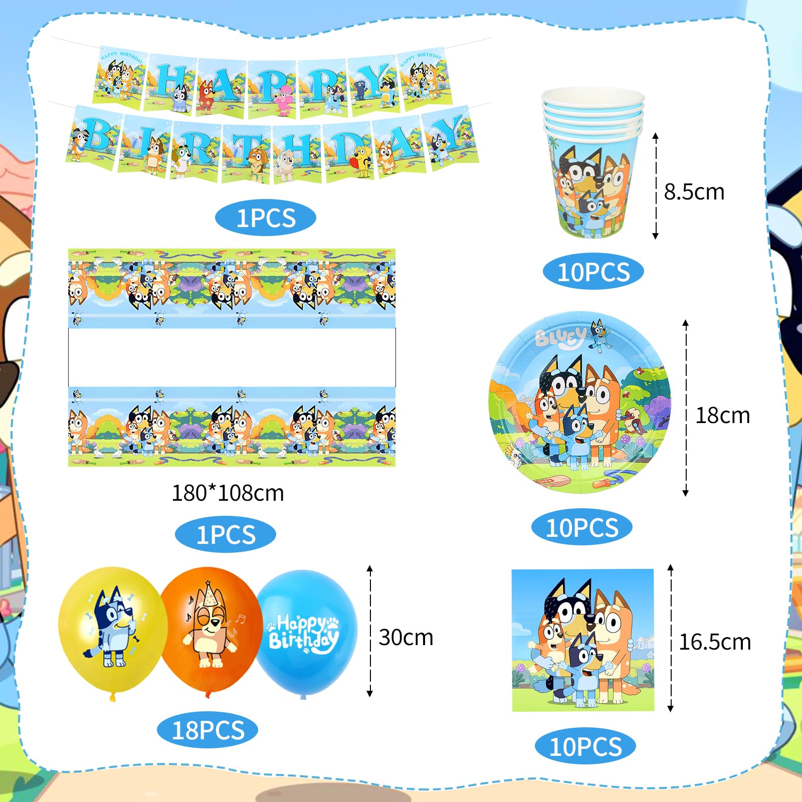 Kit Decorazioni Compleanno Blue-y - 88 Pezzi Per 16 Persone | Tovaglia, Piatti, Bicchieri, Palloncini - Foto 6