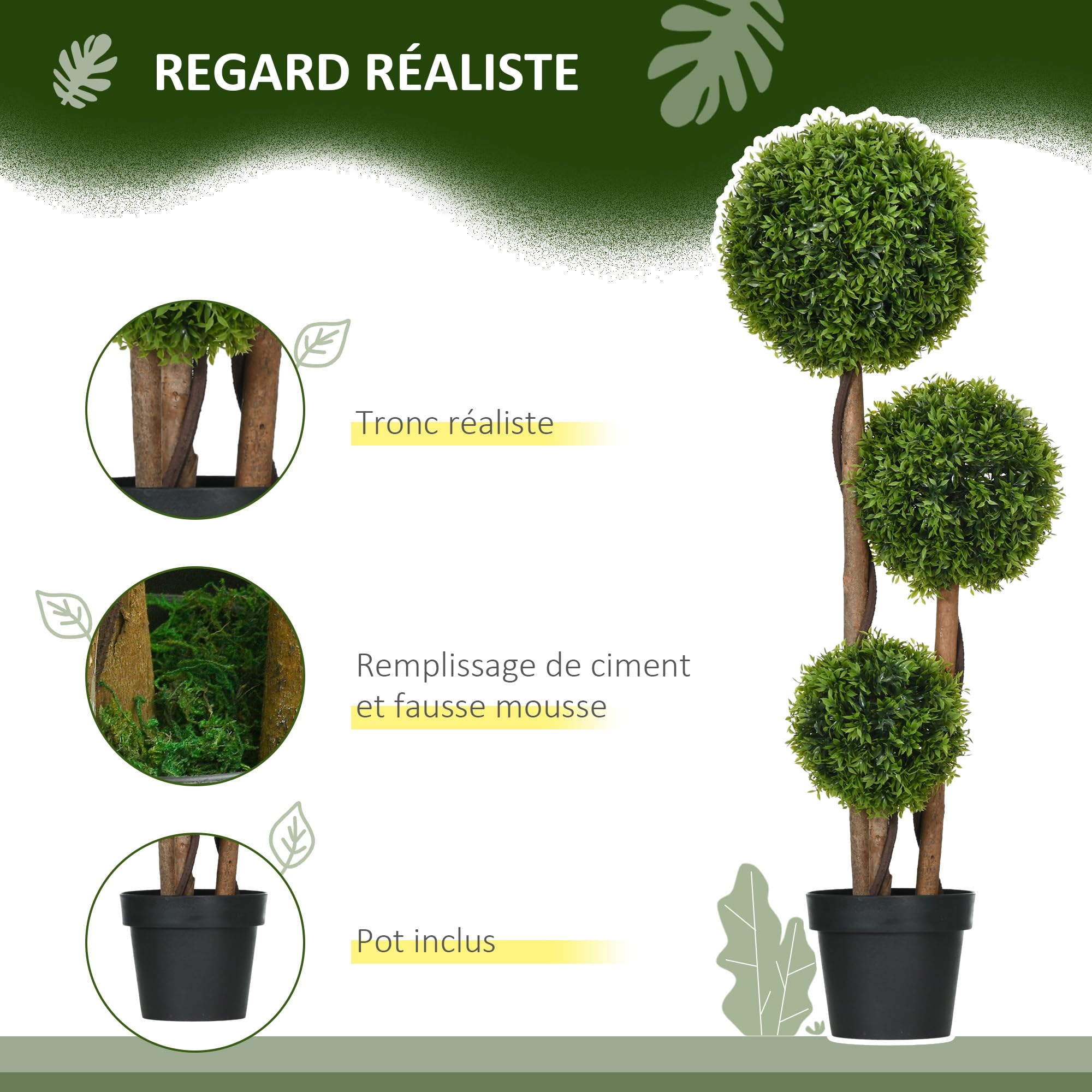HOMCOM Arbre Artificiel, Plante Artificiel, buis avec 3 Boules Feuilles de Bambou, Pot Inclus, intérieur et extérieur, Hauteur 110 cm, Aucun Assemblage nécessaire, Vert