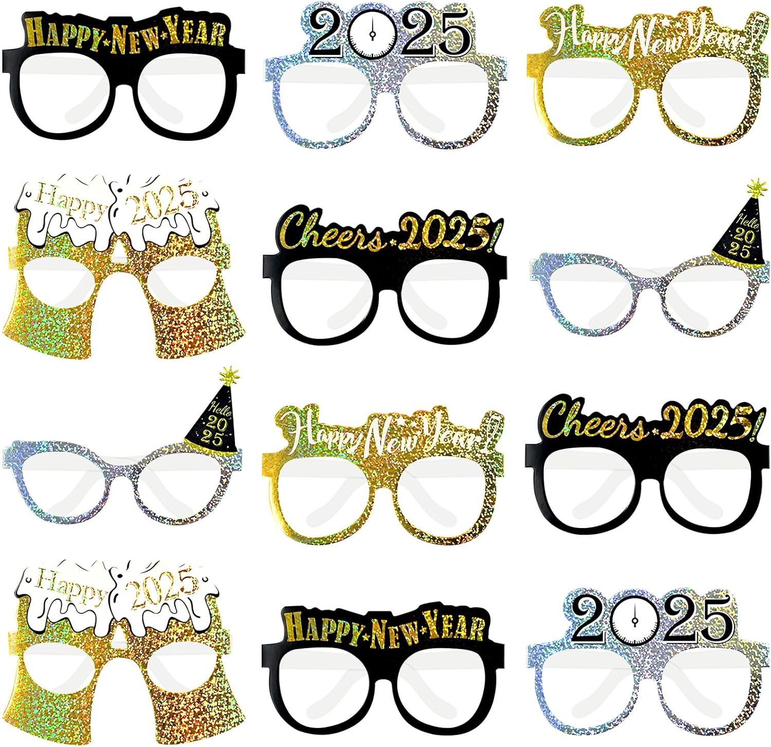 Runloon 12Pcs Happy New Year Glasses 2025 New Year Party Glasses Sliver Black and