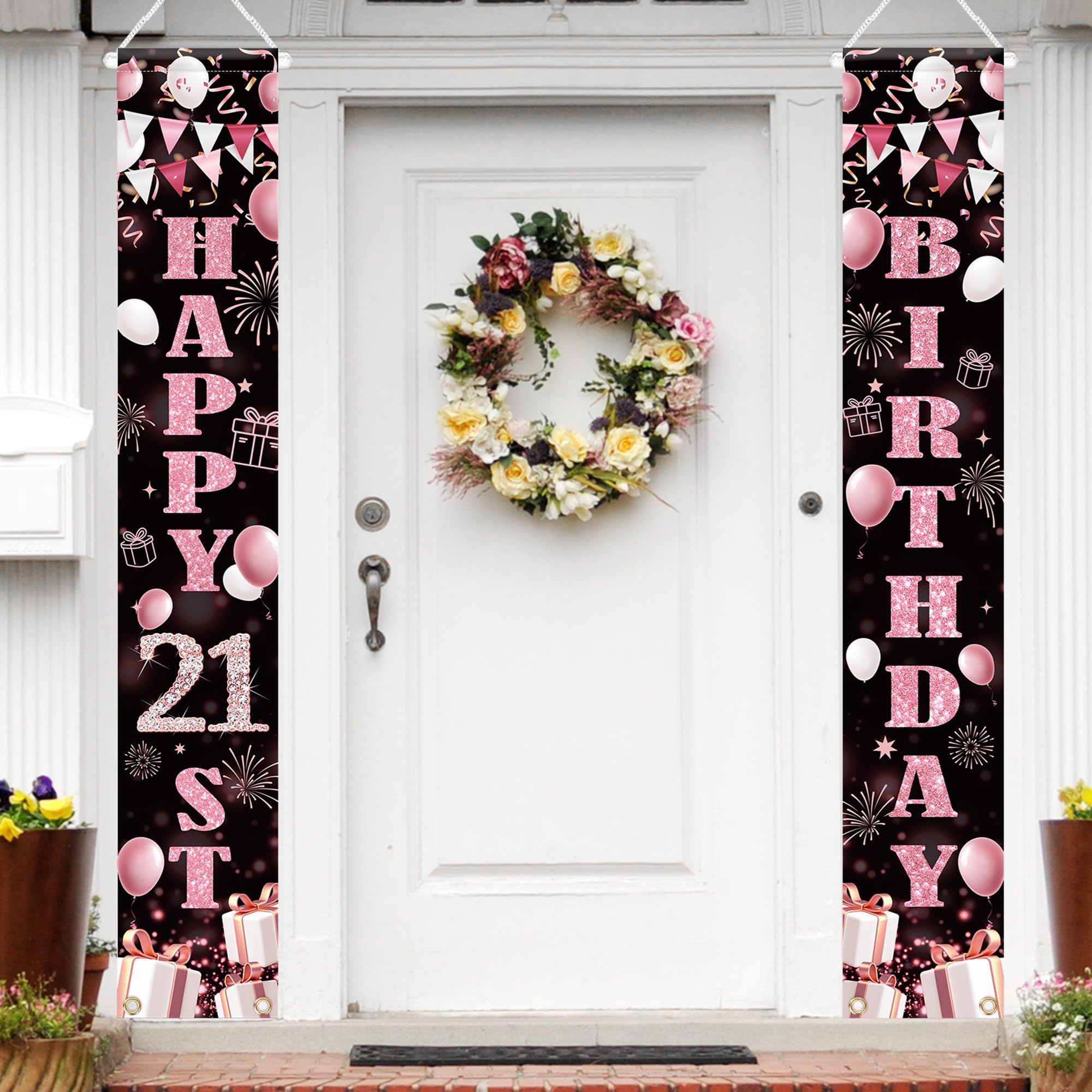 Galavee 2PCS 21st Birthday Door Banner, Black Rose Gold Decoration