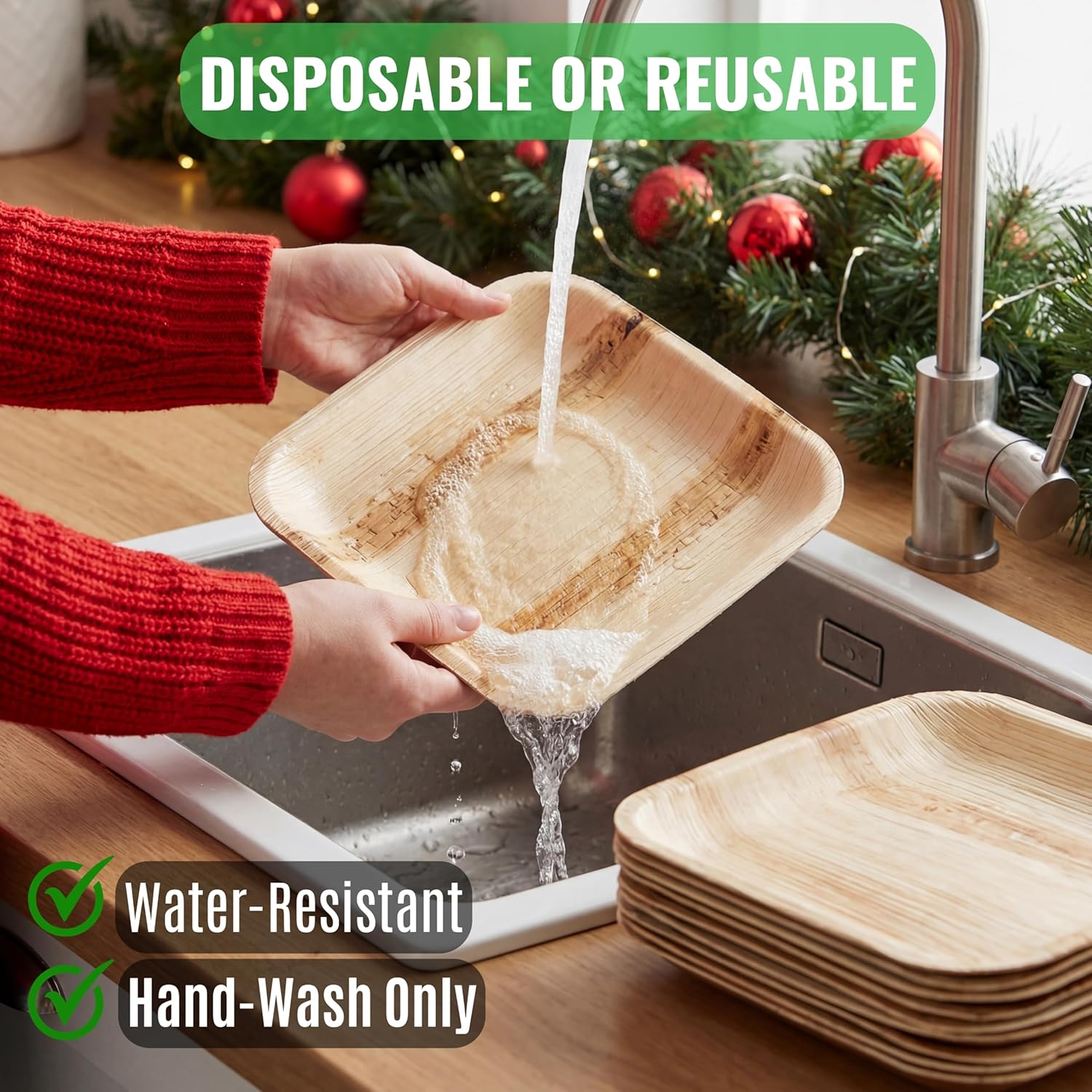 Palm Leaf Plates 10 Inch – 50 Pack Palm Plates with 50 Wooden Forks & 50 Knives – Bamboo Plates Disposable and Bamboo Dinner Plates for Weddings, Parties, Holidays, Christmas & New Year - Image 6