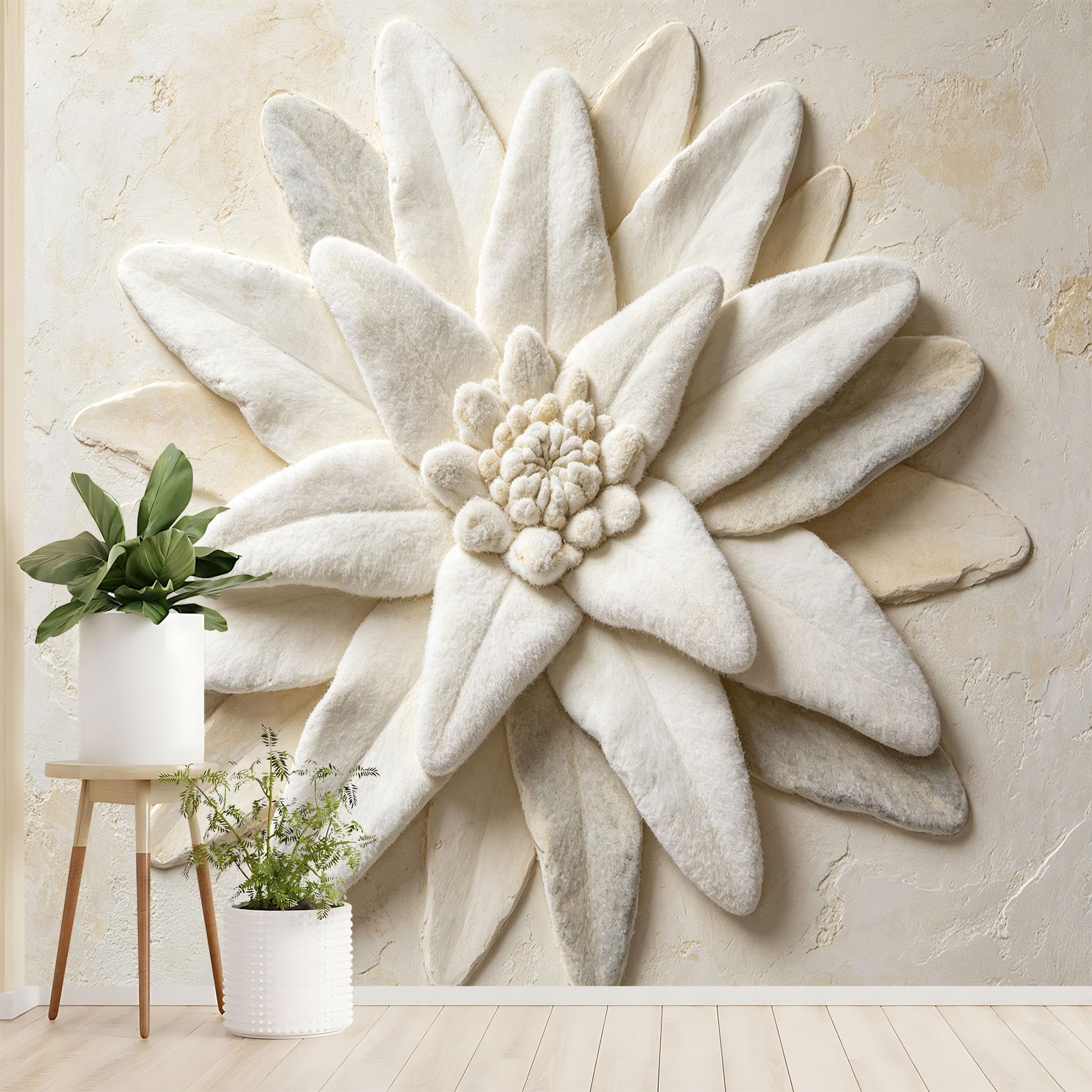Ponadwymiarowy efekt 3D kwiat fototapeta nowoczesna elegancka warstwowa tapeta z włókniny 200 x 140 cm kremowa biel rzeźbiarski botaniczny kwiat pokrycie ścienne do sypialni salonu dekoracja ścian