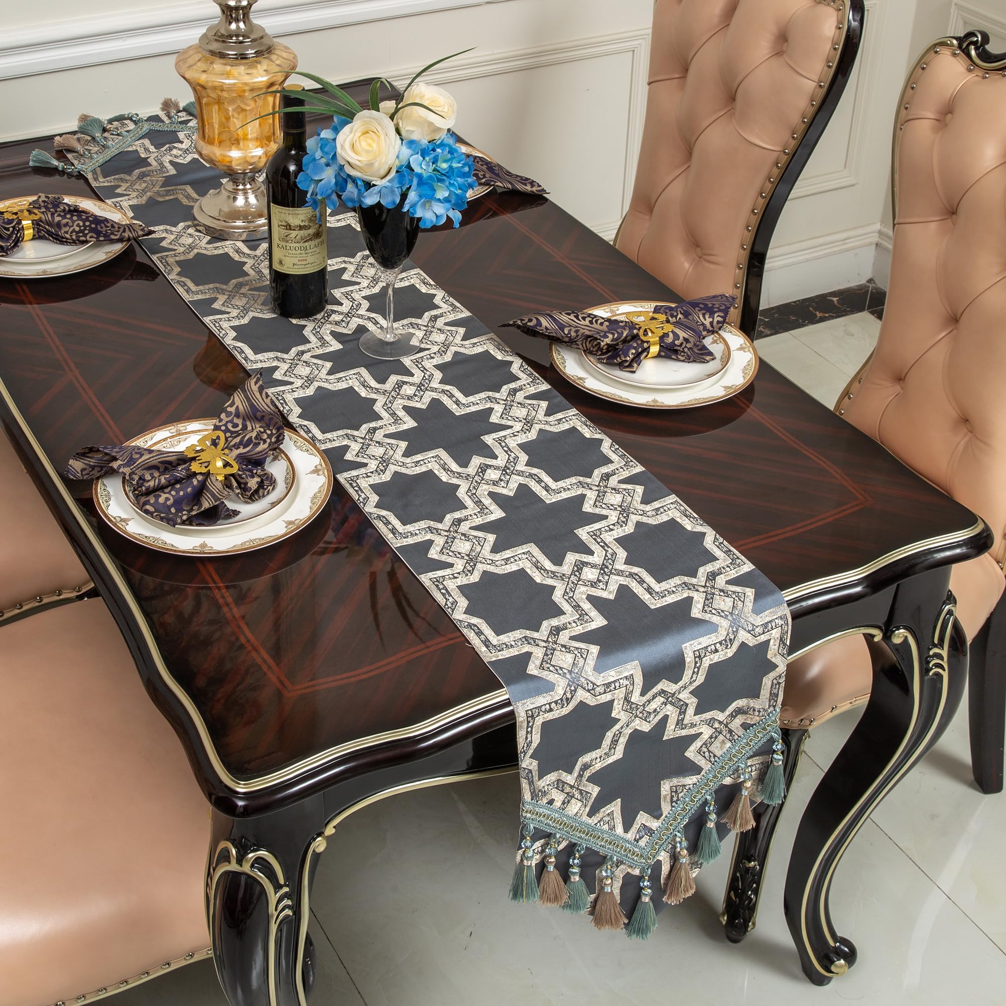 Mayler Yee Table Runner, Vintage Luxury Embroidered Floral Jacquard Damask Fabric with Multi-Tassels for Living Room Dresser Scarfs (Blue, 13x48inch ,Shield) โ image 1