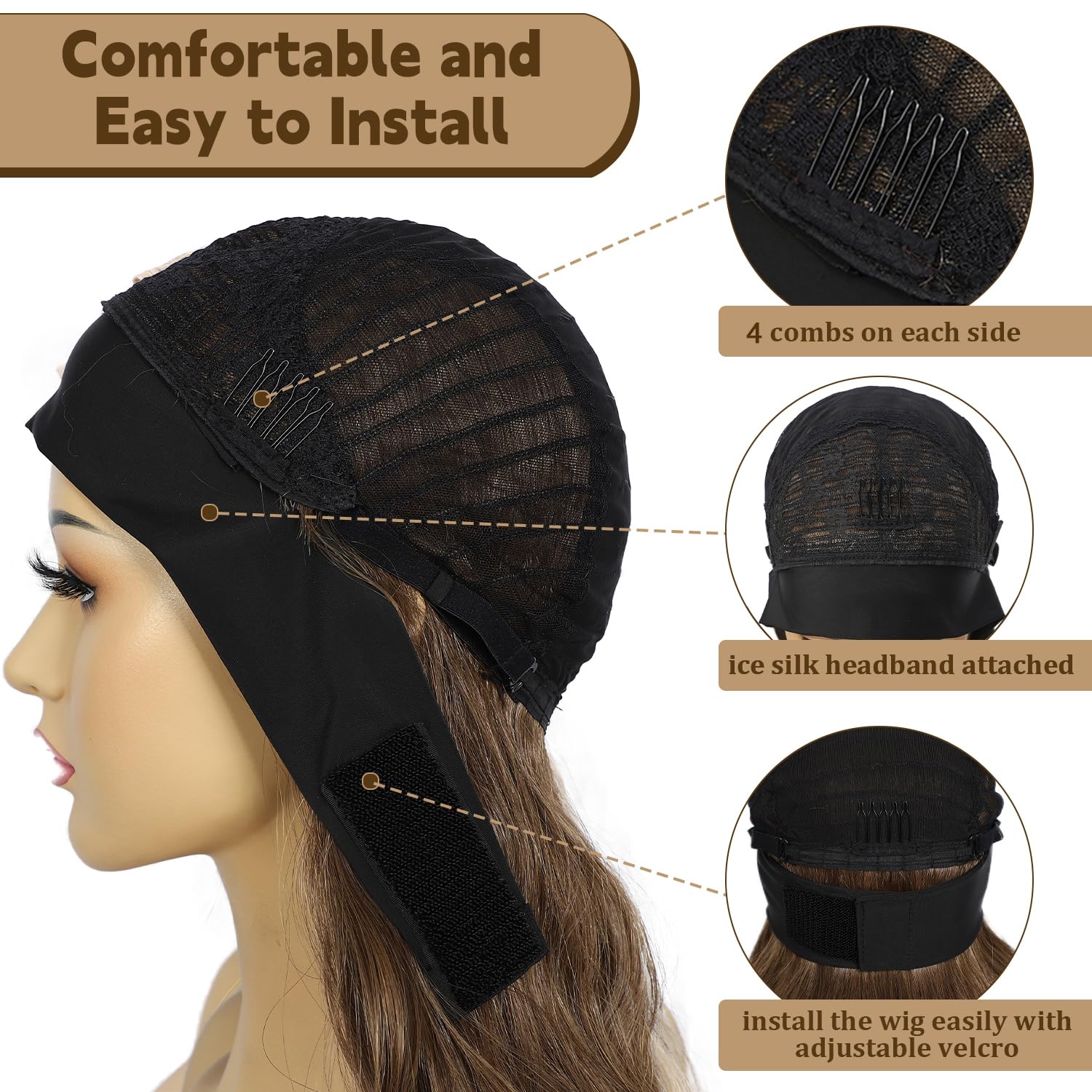 SAPPHIREWIGS Glueless Headband Wig Loose Body Wavy Synthetic Hair Wigs for Black Women Wave None Lace Front Wigs Mix Brown Color Machine Made Wigs 150% Density 26inch