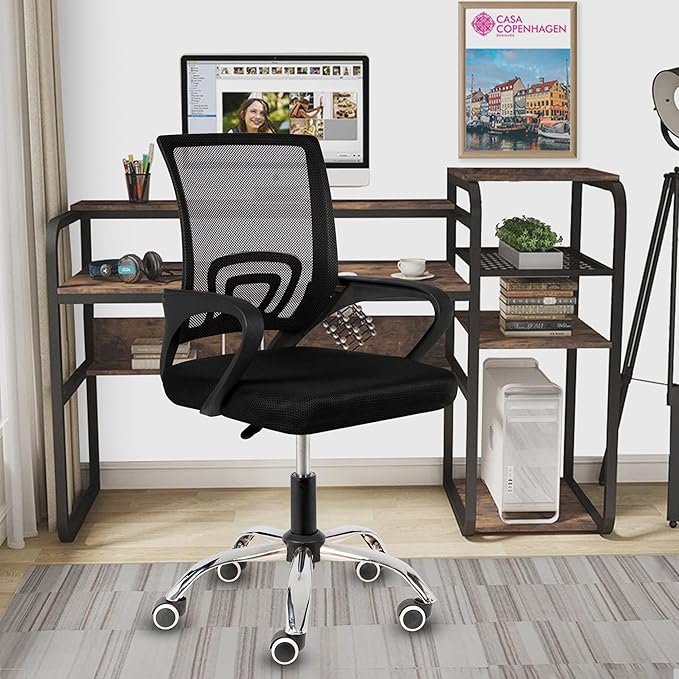Casa Copenhagen Mesh Mid Back Office/Study/Computer/Revolving/Desk Chair for Work from Home -Metal Base, Height Adjustable Seat- Jet Black & Black Handle