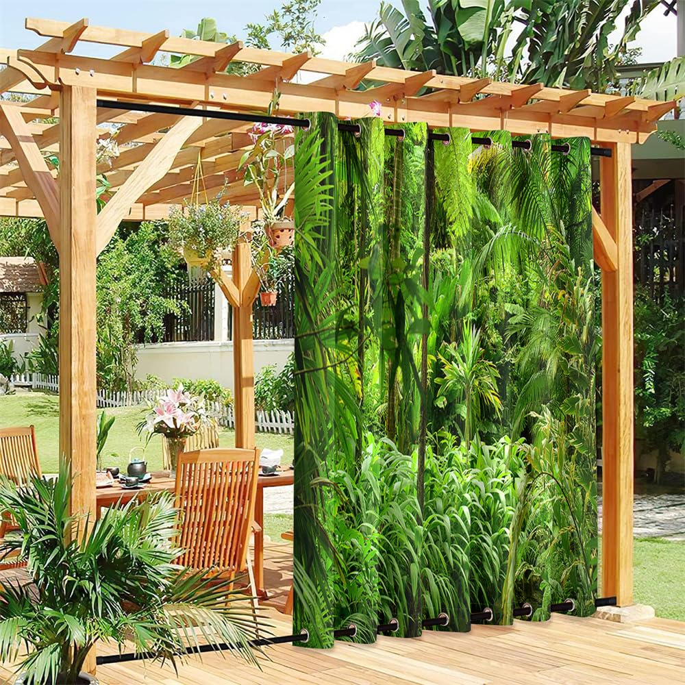 Hixingo Outdoor Curtains Waterproof Windproof, Gazebo Curtains with Grommet (Top & Bottom) for Pergola Patio Garden, Sun Protection, Extra Long - 3D Plant Print (jungle,140x175cm)
