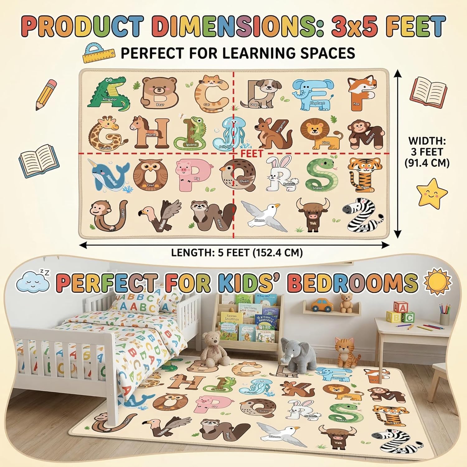 2-Pack Educational Kids Rugs - Solar System Space (2.5x4 Ft) & ABC Alphabet Animal Learning Rug (3x5 Ft) for Playroom Nursery Bedroom, Washable Non-Slip