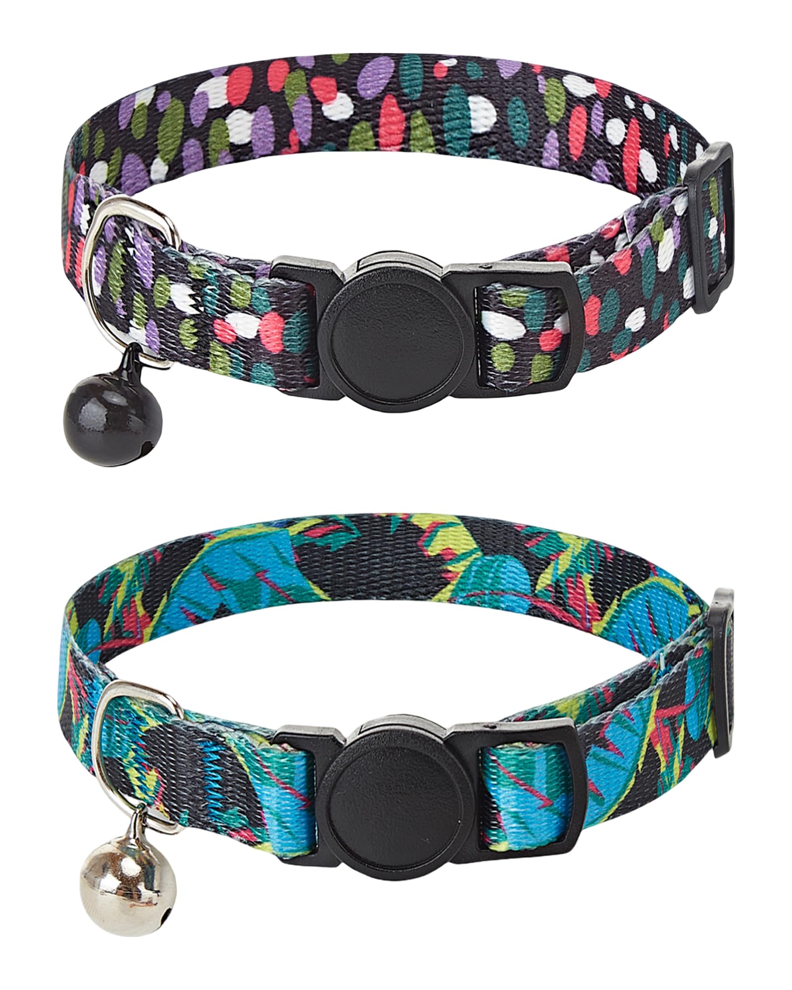 JUFOO 2PC cat Collar with Bells,Quick Release Safe Buckle Adjustable Kitten Collars,Printed Nylon Cute Collar for Boy and Girl Cats (Jungle Mushrooms)