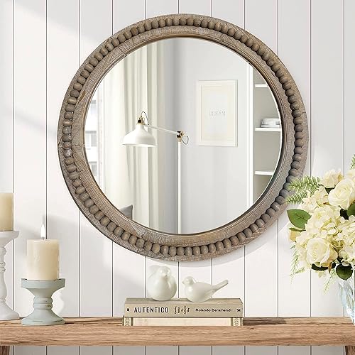 Miniatura 5 de Espejo circular de pared de madera redondo rústico de 24 pulgadas con cuentas, espejo decorativo de granja para sala de estar, dormitorio, cocina,