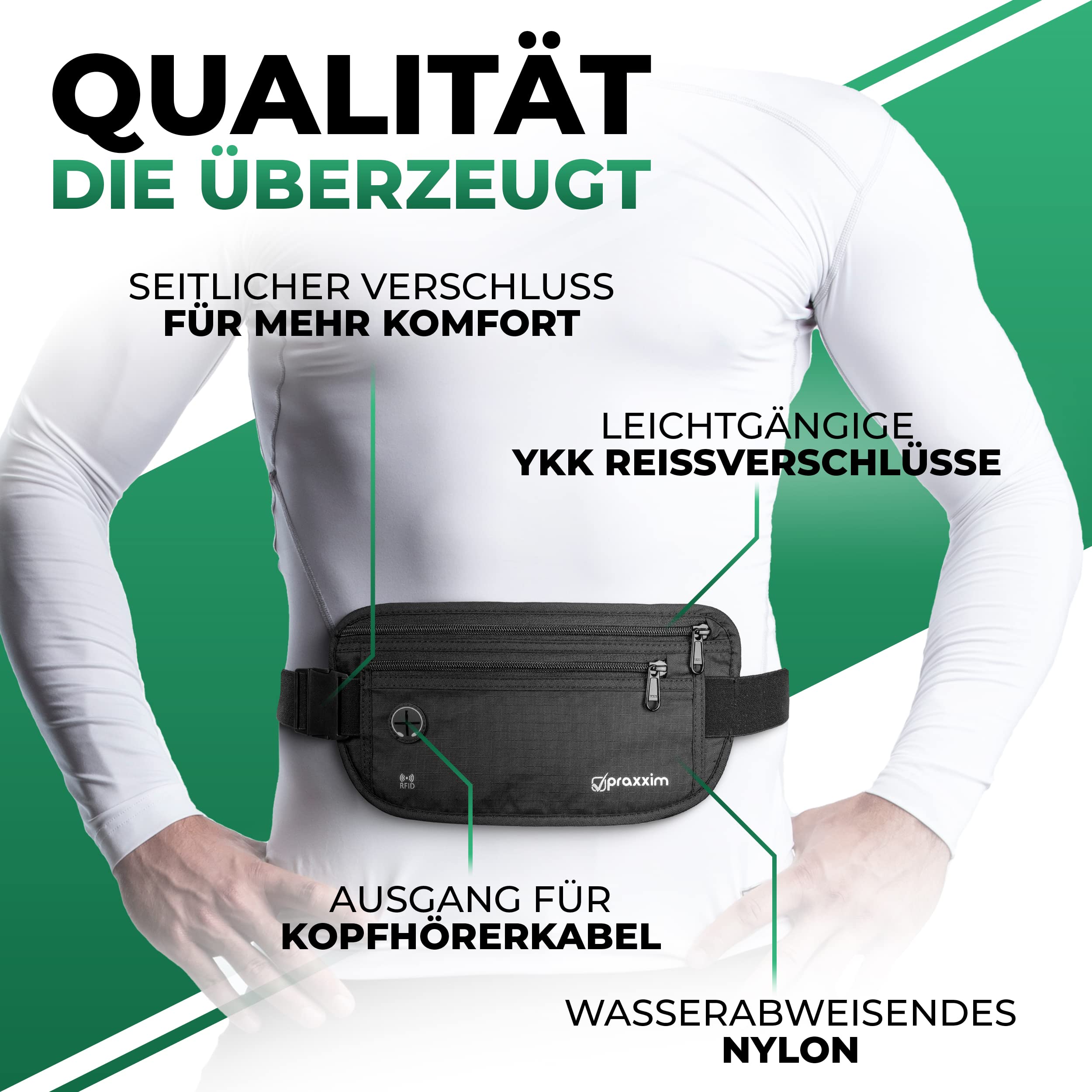 praxxim Die Bauchtasche zum Joggen - Perfekt sitzende Lauftasche - Bauchtasche Damen & Herren - Gürteltasche - Laufgürtel für Jogging und alle Handy Größen (schwarz)